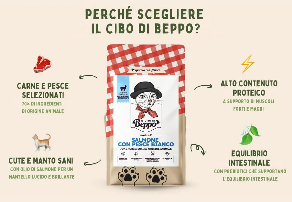 Gatto con Personalità Il Cibo Di Beppo Cibo Secco per Gatti Sterilizzati Senza Cereali e Senza Glutine Salmone con Pesce Bianco 5kg - immagine 2