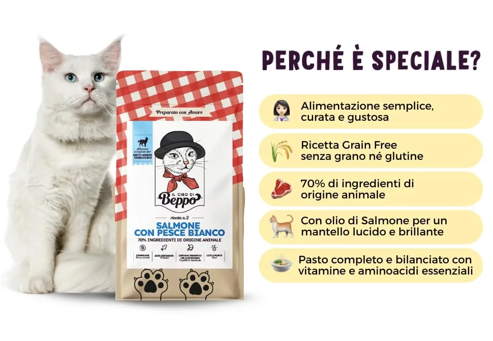 Gatto con Personalità Il Cibo Di Beppo Cibo Secco per Gatti Sterilizzati Senza Cereali e Senza Glutine Salmone con Pesce Bianco 5kg - immagine 3