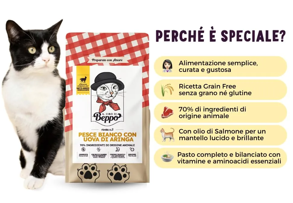 Il Cibo Di Beppo Cibo Secco per Gatti Sterilizzati Senza Cereali Ipoallergeniche Pesce Bianco con Caviale 1.5Kg - immagine 2
