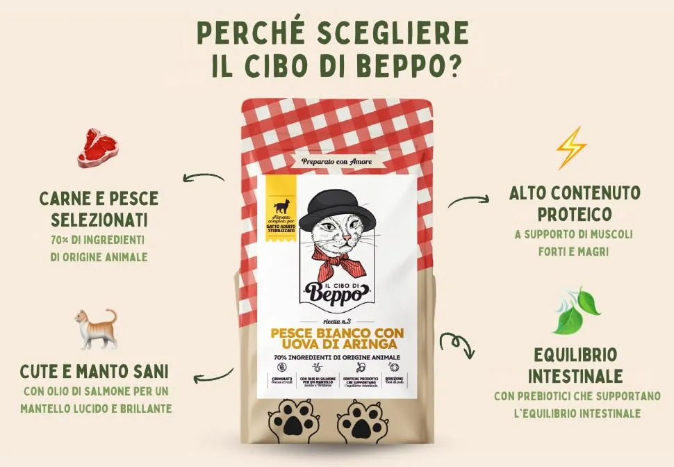 Il Cibo Di Beppo Cibo Secco per Gatti Sterilizzati Senza Cereali Ipoallergeniche Pesce Bianco con Caviale 1.5Kg - immagine 3