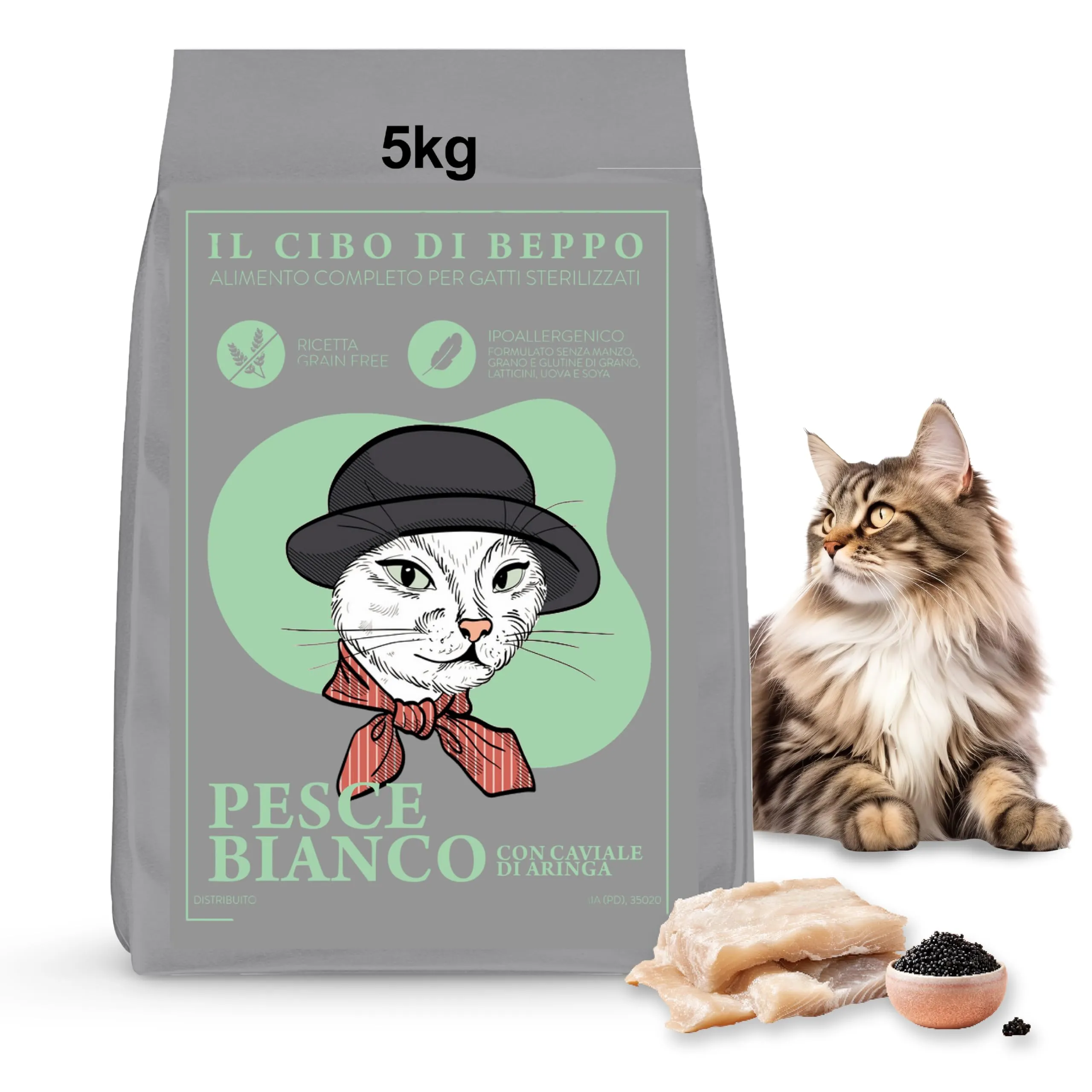Gatto con Personalità Il Cibo Di Beppo Cibo Secco per Gatti Sterilizzati Senza Cereali e Senza Glutine, Pesce Bianco con Caviale, 5 kg - immagine 1