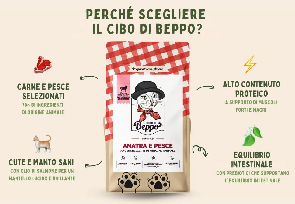 Il Cibo Di Beppo Cibo Secco per Gatti Sterilizzati Senza Cereali Ipoallergeniche, Anatra e Pesce, 1.5kg - immagine 2