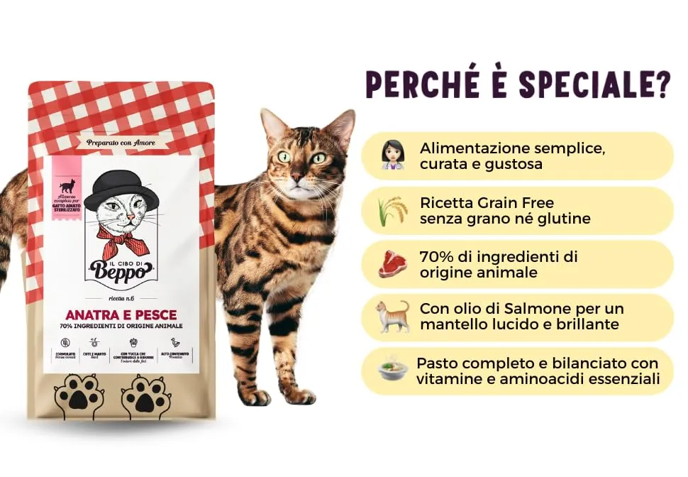 Il Cibo Di Beppo Cibo Secco per Gatti Sterilizzati Senza Cereali Ipoallergeniche, Anatra e Pesce, 1.5kg - immagine 3