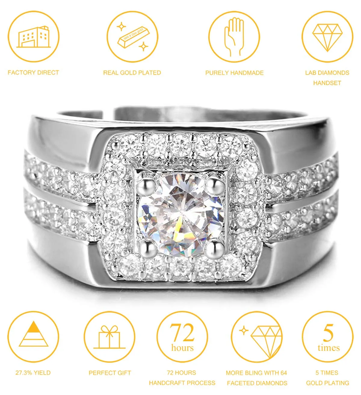 HALUKAKAH Men's White Gold Finish Adjustable Diamond Ring - immagine 2