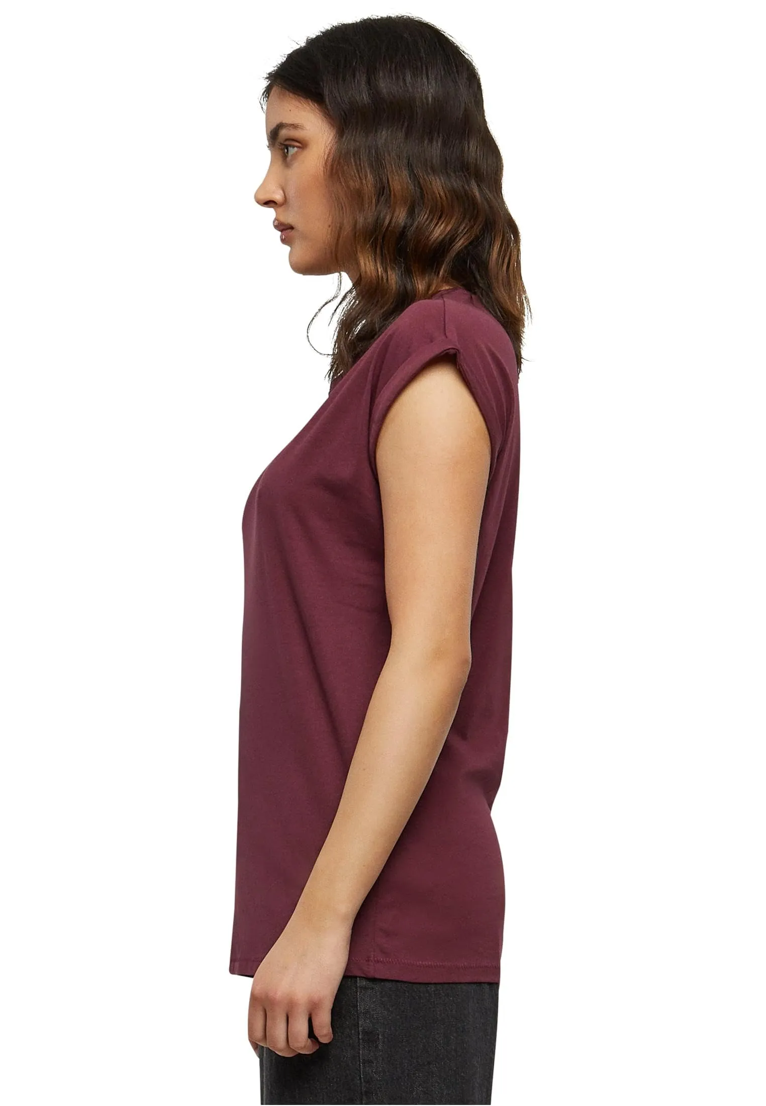 Urban Classics Donna T-Shirt Manica Arrotolata in Cotone, Rosso Ciliegia, Taglia L - immagine 2