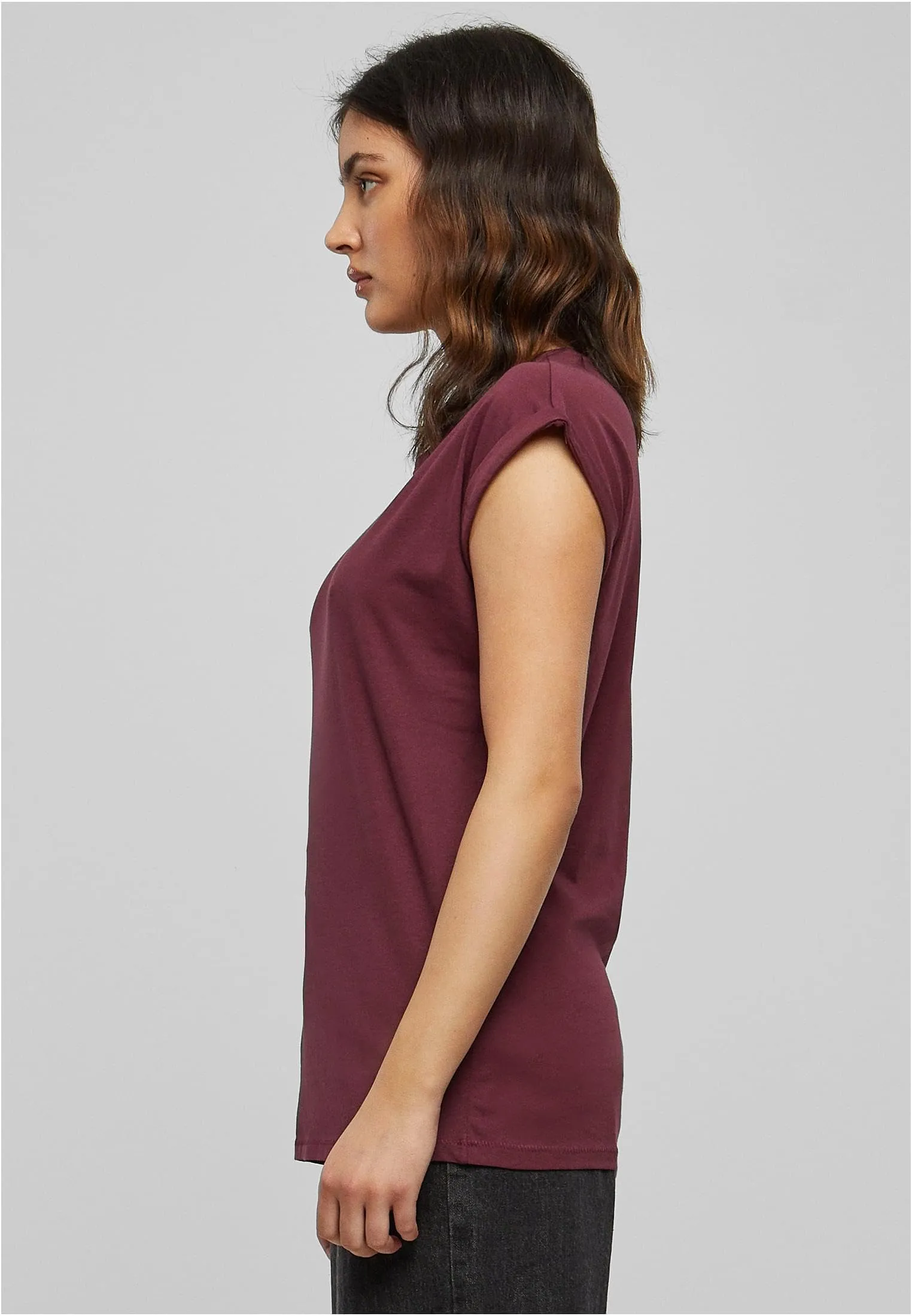 Urban Classics Donna T-Shirt Manica Arrotolata in Cotone, Rosso Ciliegia, Taglia L - immagine 9