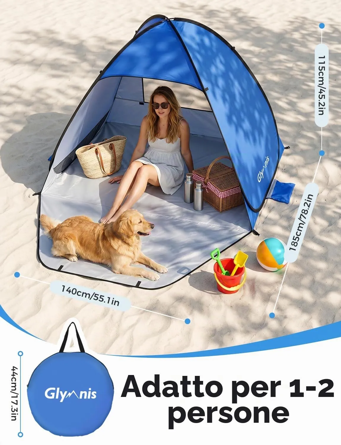 Glymnis Tenda da Spiaggia Pop-up con Cerniera, UPF 50+, 2-3 Persone - immagine 2