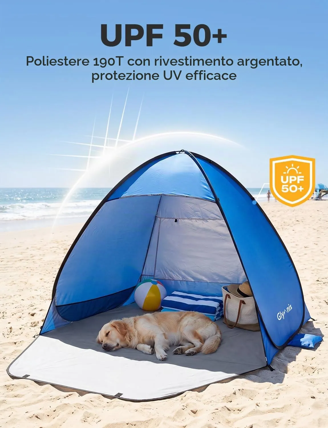 Glymnis Tenda da Spiaggia Pop-up con Cerniera, UPF 50+, 2-3 Persone - immagine 3