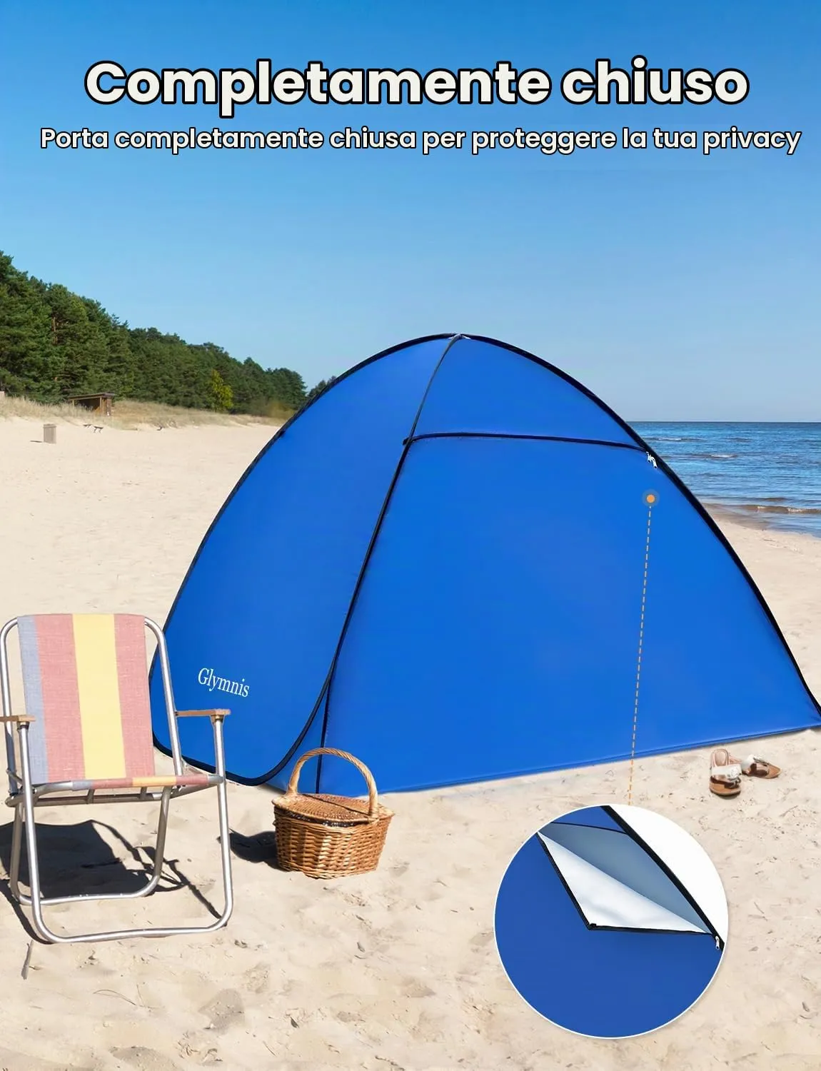 Glymnis Tenda da Spiaggia Pop-up con Cerniera, UPF 50+, 2-3 Persone - immagine 4