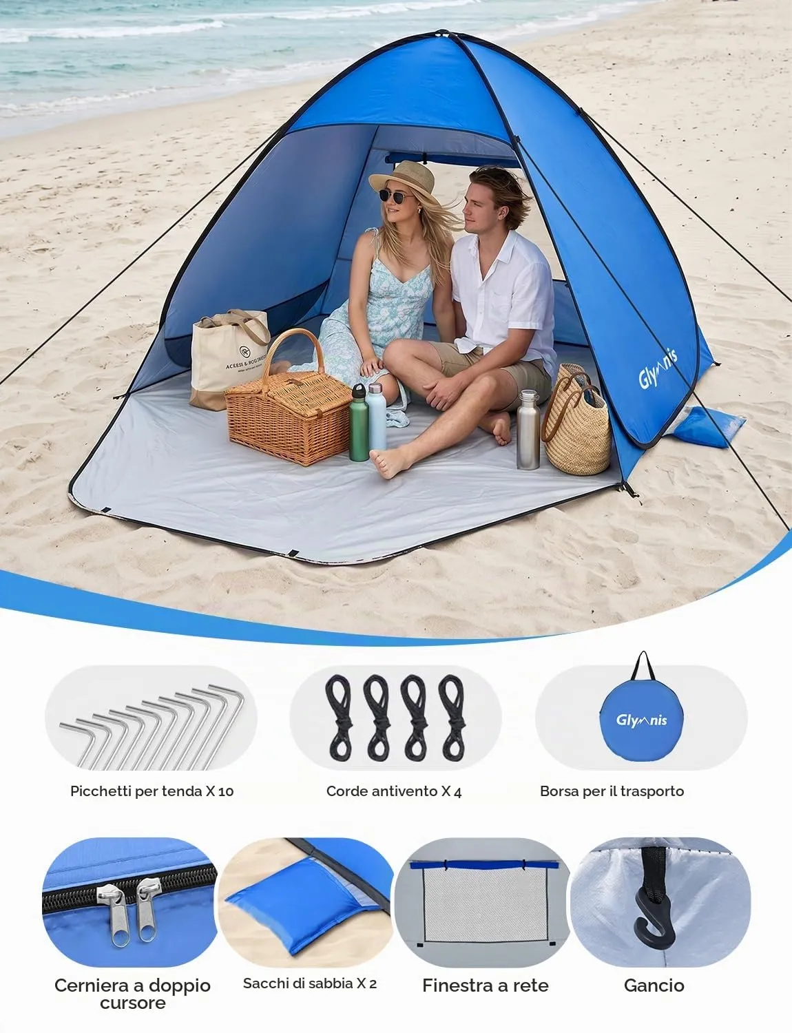 Glymnis Tenda da Spiaggia Pop-up con Cerniera, UPF 50+, 2-3 Persone - immagine 7