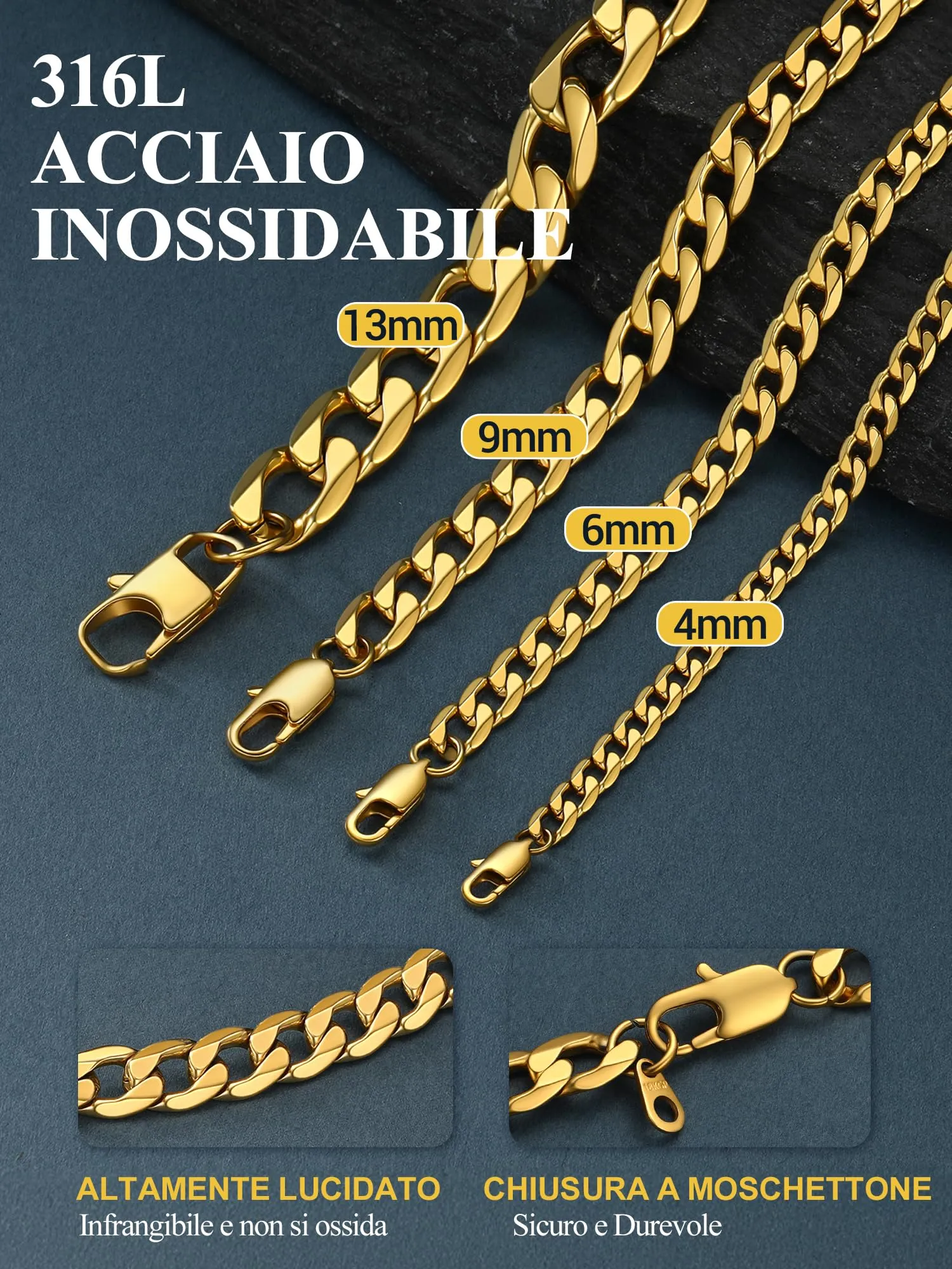 PROSTEEL Collana Uomo Catena Cubana 6mm, 55 cm, Acciaio Inossidabile Placcato Oro 18K - immagine 5