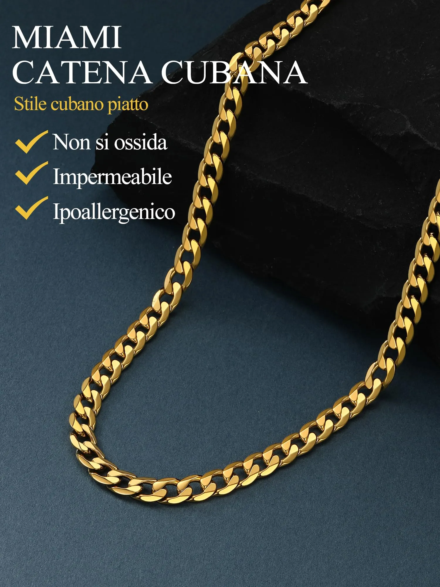PROSTEEL Collana Catena Cubana Uomo 6mm, 75 cm, Acciaio Inossidabile Placcato Oro 18K - immagine 4