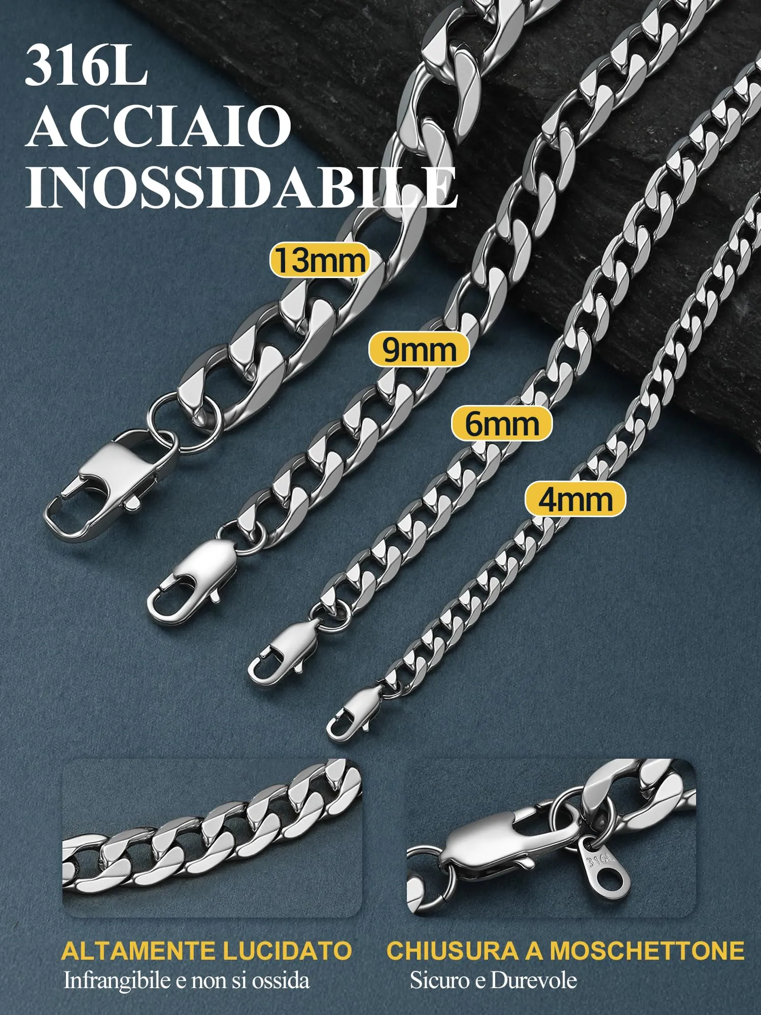 PROSTEEL Collana Catena Cubana 4mm, 70 cm, Acciaio Inossidabile, Argento - immagine 5