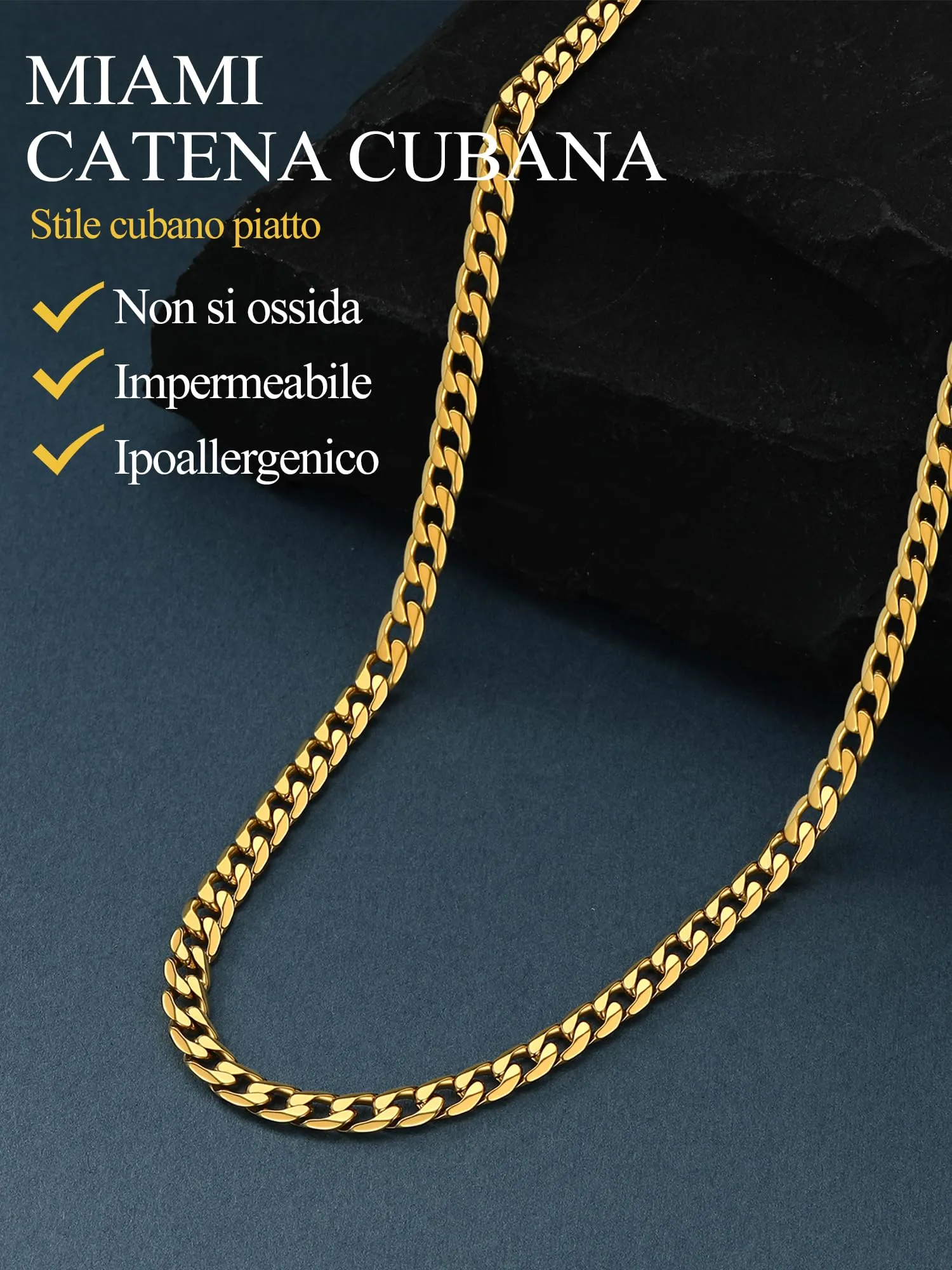PROSTEEL Collana Catena Cubana 4mm, 45 cm, Acciaio Inossidabile Placcato Oro 18K - immagine 6