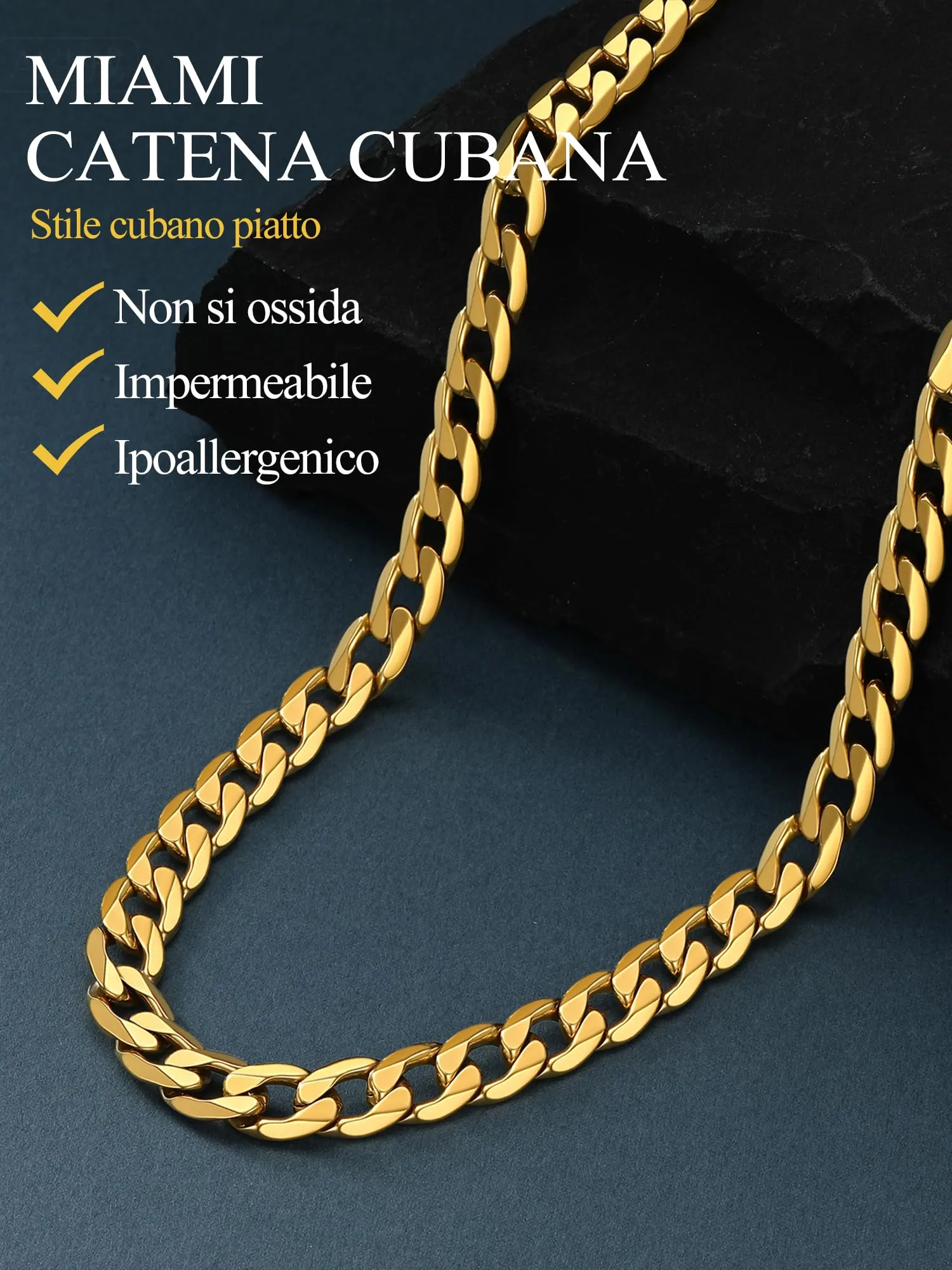 PROSTEEL Collana Catena Cubana 9mm, 65 cm, Acciaio Inossidabile Placcato Oro 18K - immagine 3