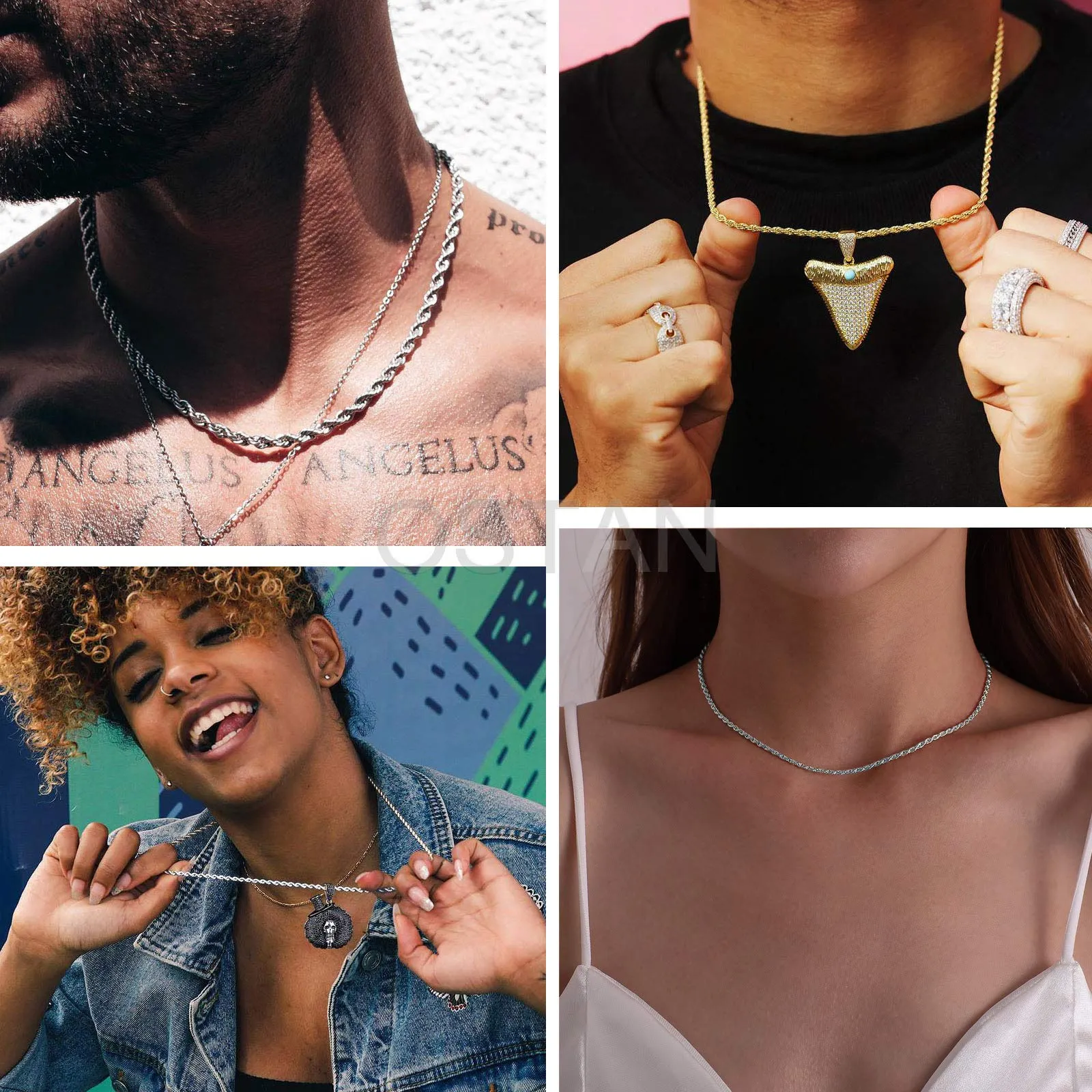 OSTAN Collana a Catena di Corda Intrecciata in Acciaio Inossidabile, 3 mm x 75 cm, Argento - immagine 3