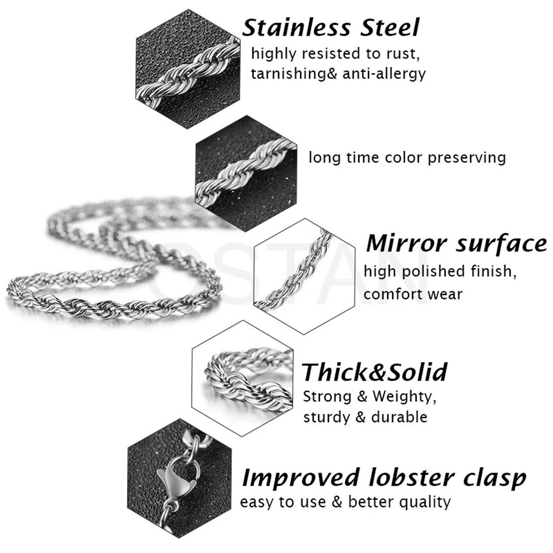OSTAN Collana a Catena di Corda Intrecciata in Acciaio Inossidabile, 5.0 mm x 60 cm, Argento - immagine 5