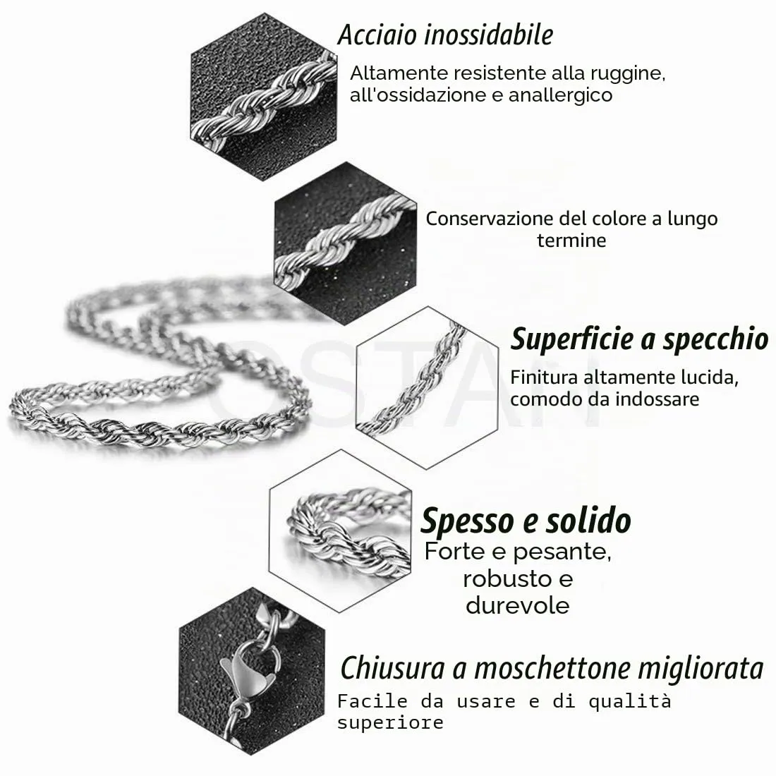 OSTAN Collana a Catena di Corda Intrecciata in Acciaio Inossidabile, 2.0 mm, 70 cm, Argento - immagine 5