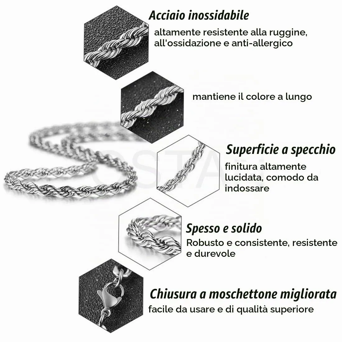 OSTAN Collana Catena di Corda Intrecciata in Acciaio Inossidabile, 3 mm x 45 cm, Argento - immagine 5