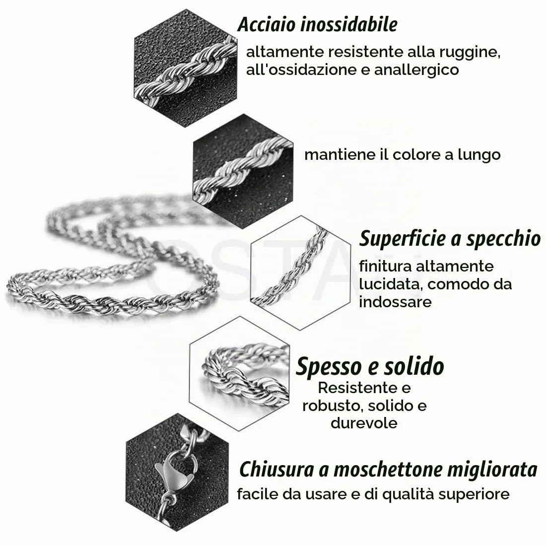 OSTAN Collana a Corda Intrecciata in Acciaio Inossidabile, 3 mm x 50 cm, Argento - immagine 5