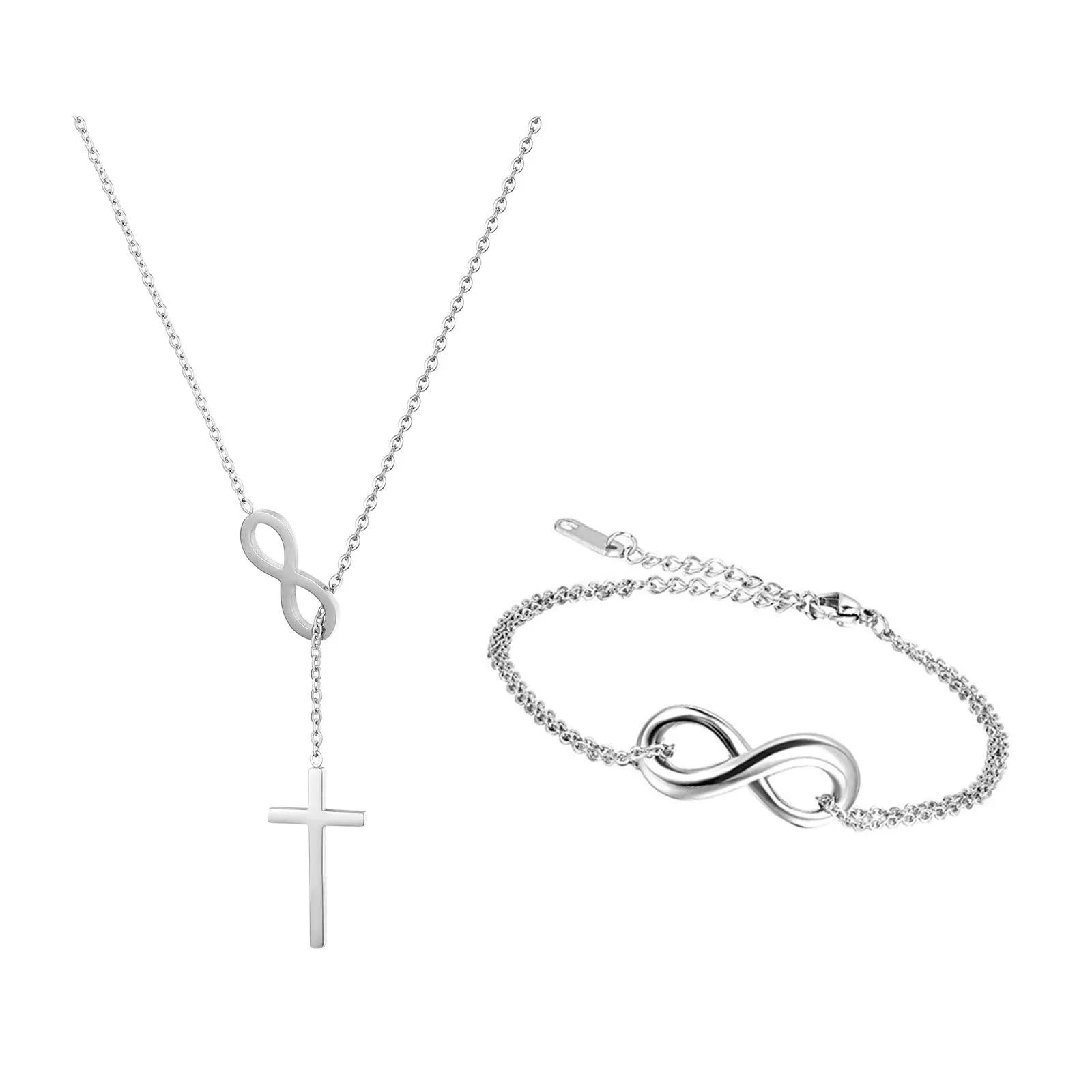 Flongo Set Collana e Bracciali Infinito e Croce, Colore Argento - immagine 1