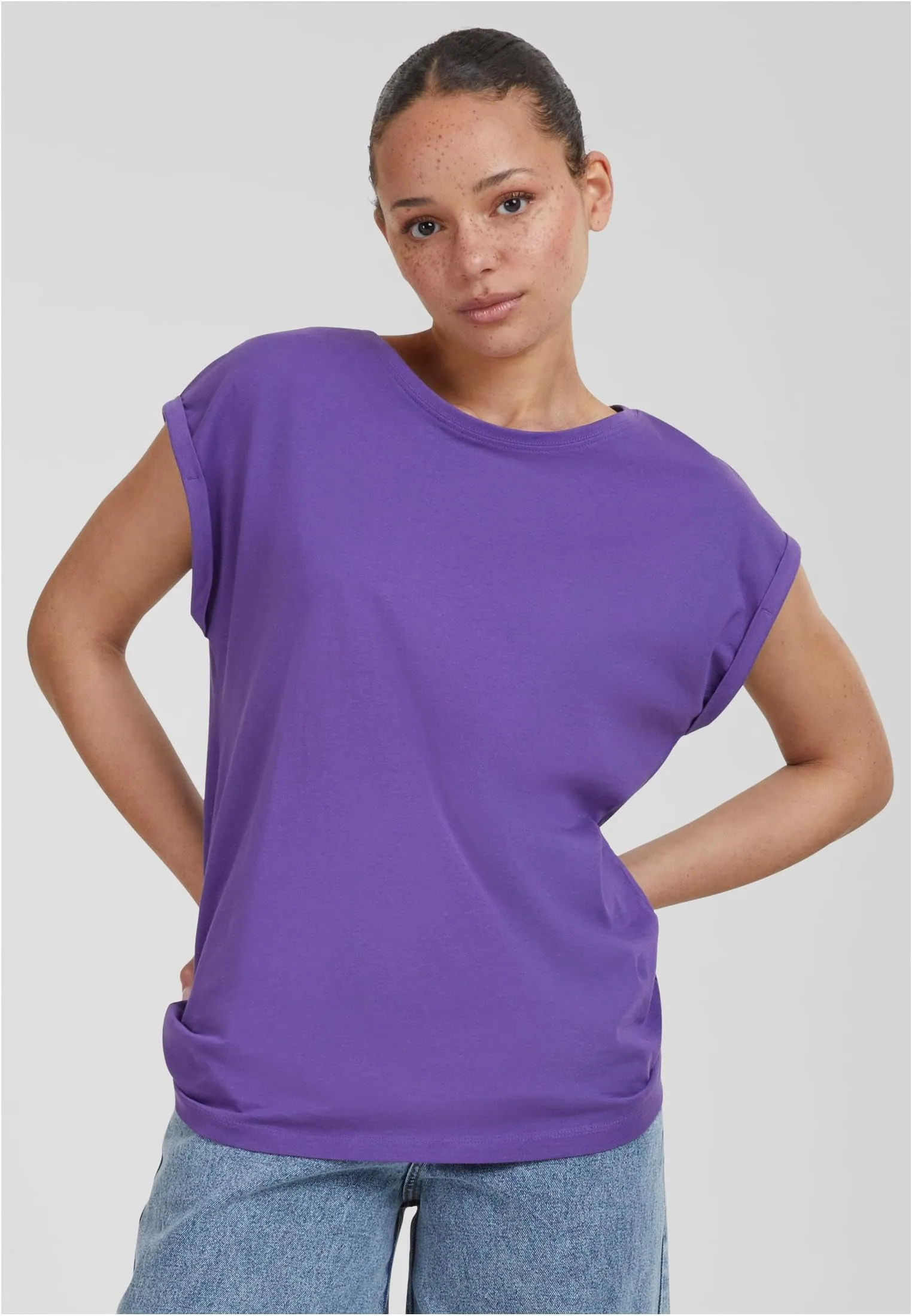 Urban Classics Donna T-shirt con Manica Arrotolata in Cotone, Viola, Taglia L - immagine 3