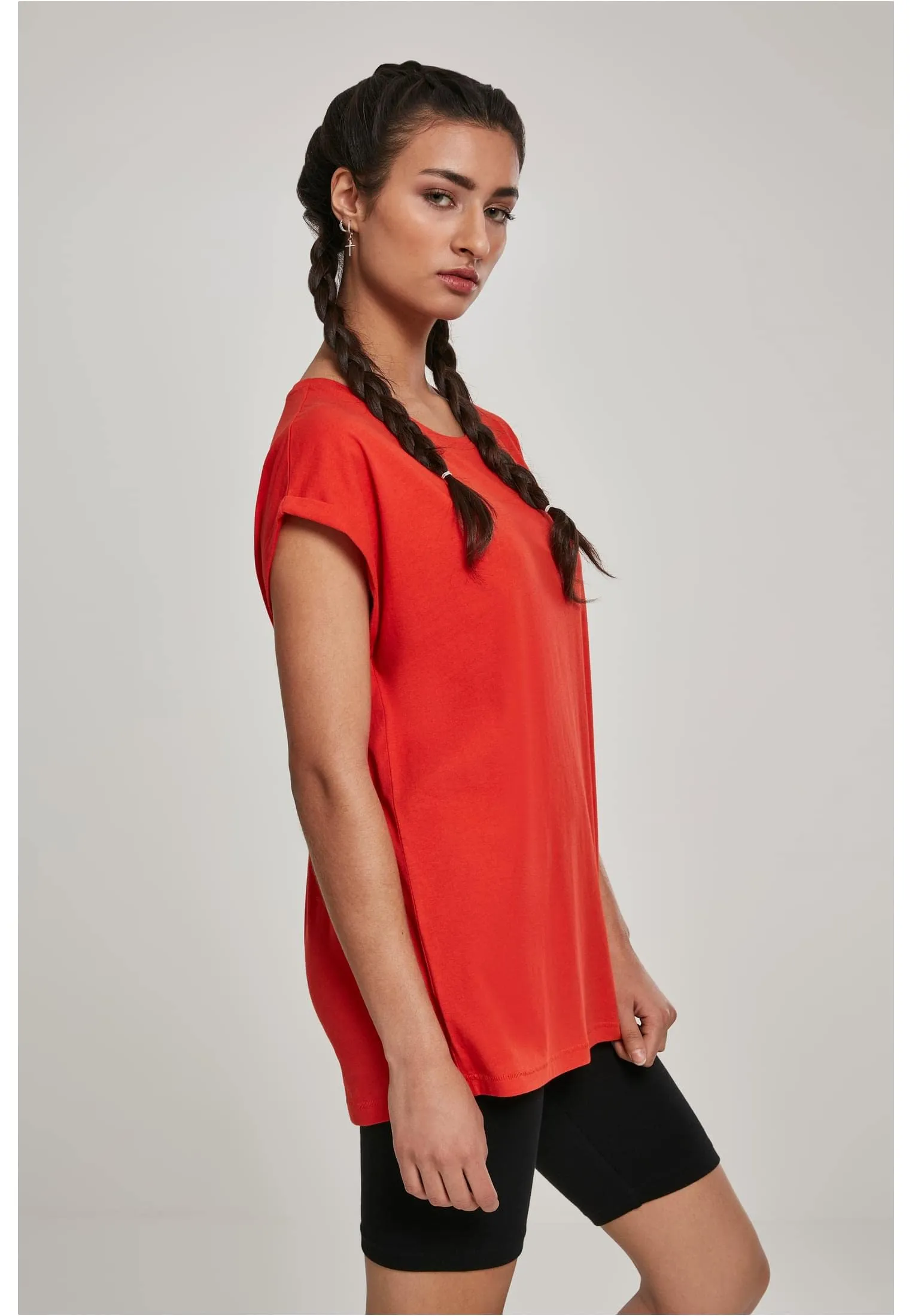 Urban Classics Donna T-shirt Manica Arrotolata in Cotone, Rosso Ciliegia, Taglia XXL - immagine 10