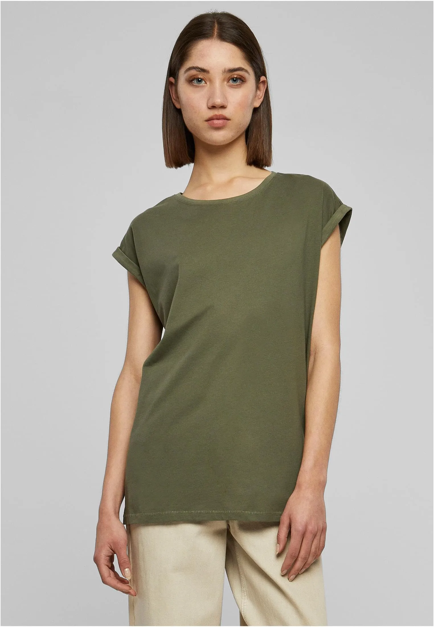 Urban Classics T-Shirt da Donna con Manica Arrotolata, Cotone, Verde Oliva, Taglia M - immagine 3