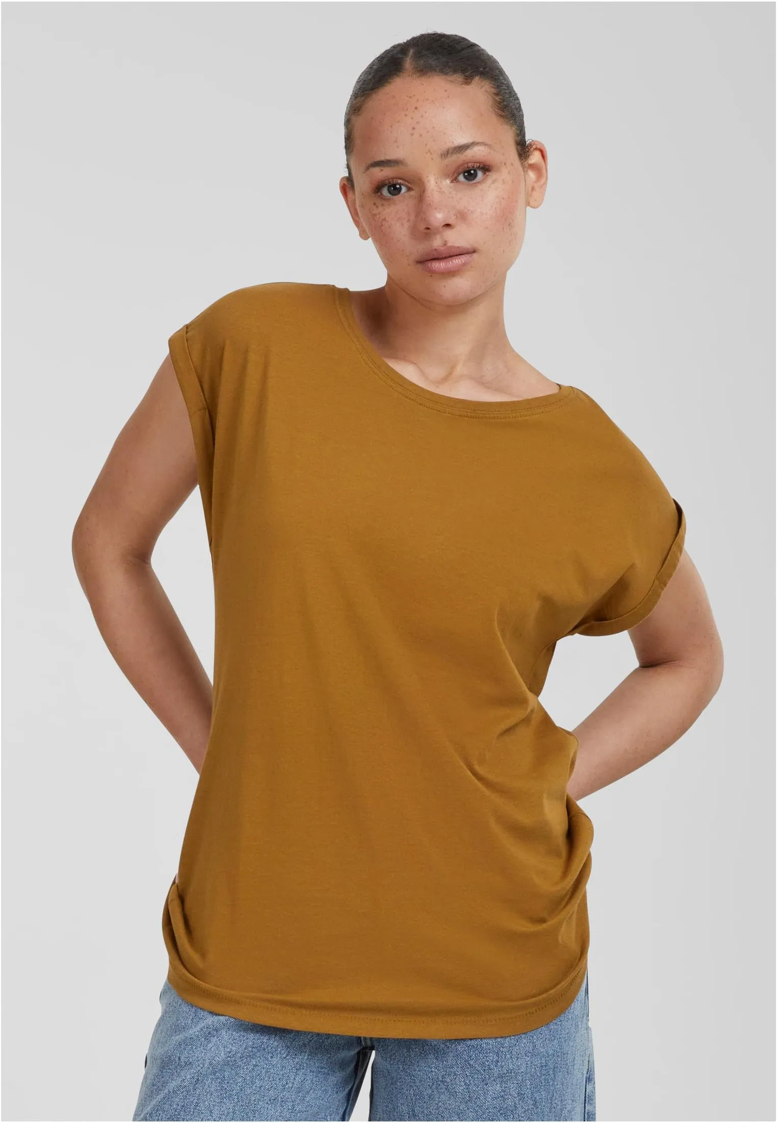 Urban Classics Donna T-shirt Scollo Rotondo Manica Arrotolata in Cotone, Marrone (Nut), XXL - immagine 3
