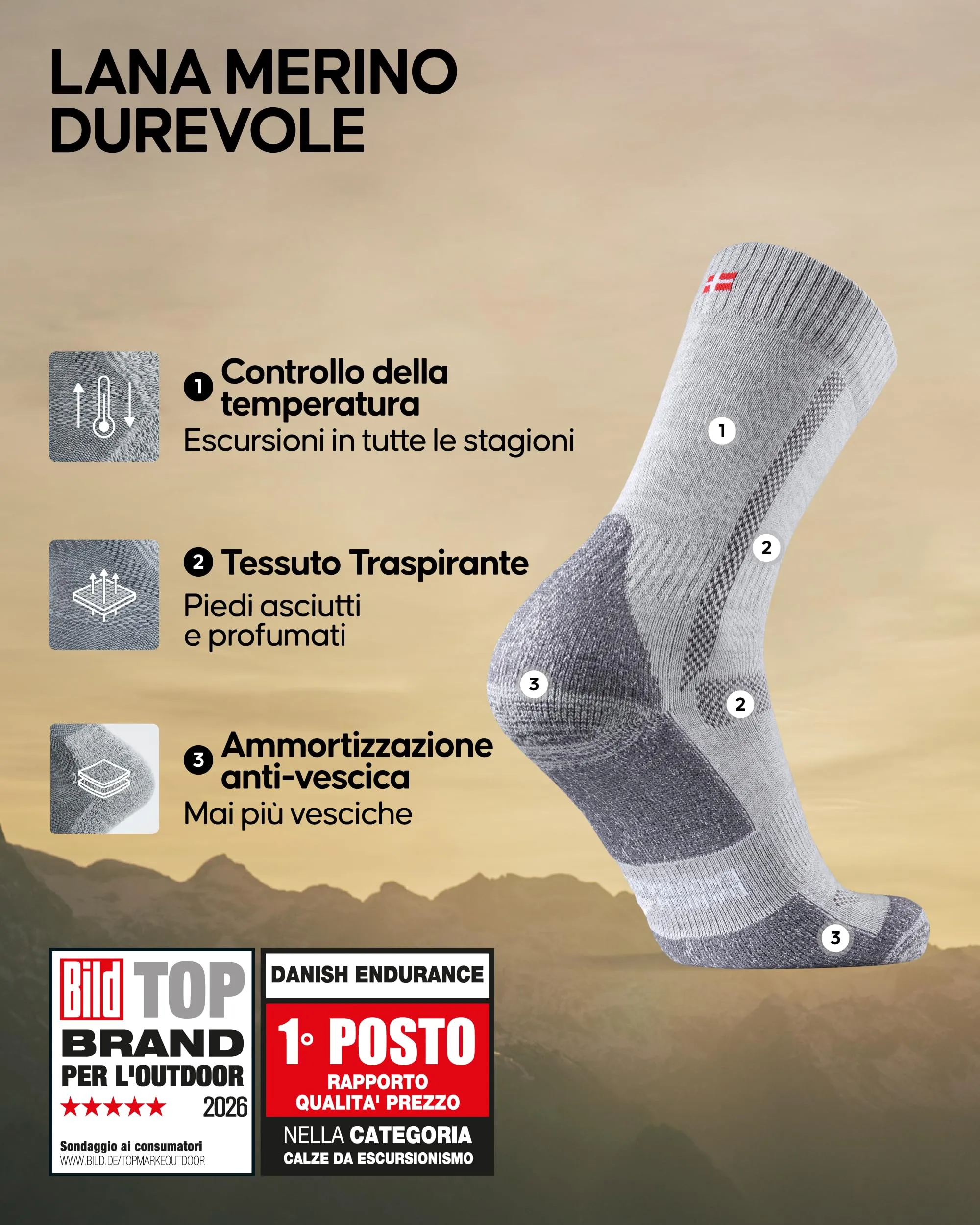 Danish Endurance Calze Trekking Lana Merino, 3 Paia, Grigio Chiaro, 35-38 - immagine 2