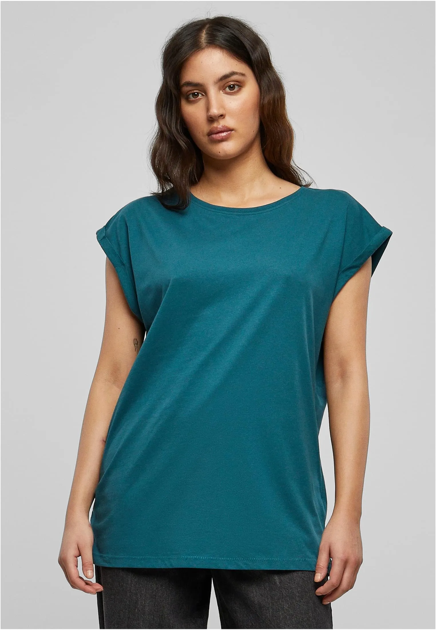 Urban Classics Donna T-Shirt Manica Arrotolata in Cotone, Rosso Ciliegia, Taglia XXL - immagine 6