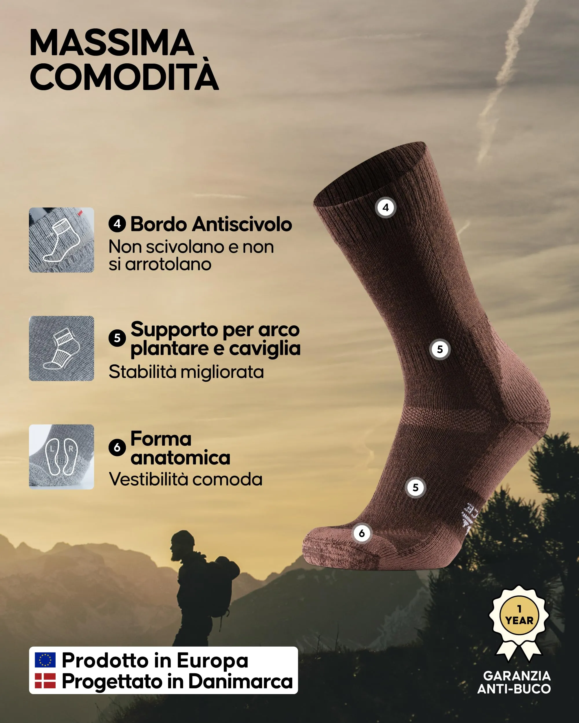Danish Endurance Calze Trekking in Lana Merino, Marrone, 39-42 - immagine 3
