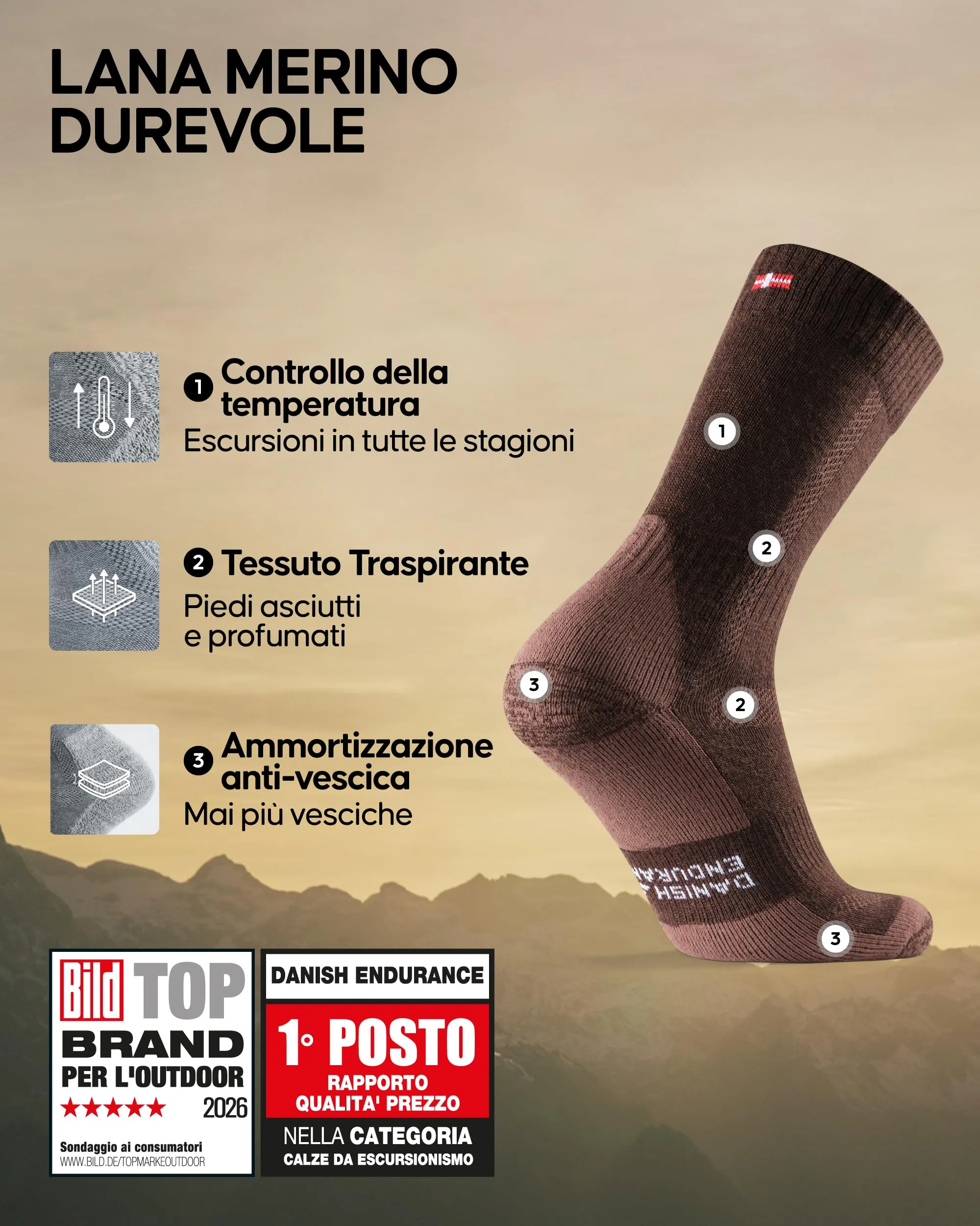 Danish Endurance Calze Trekking in Lana Merino, 3 Paia, Marrone, EU 43-47 - immagine 2