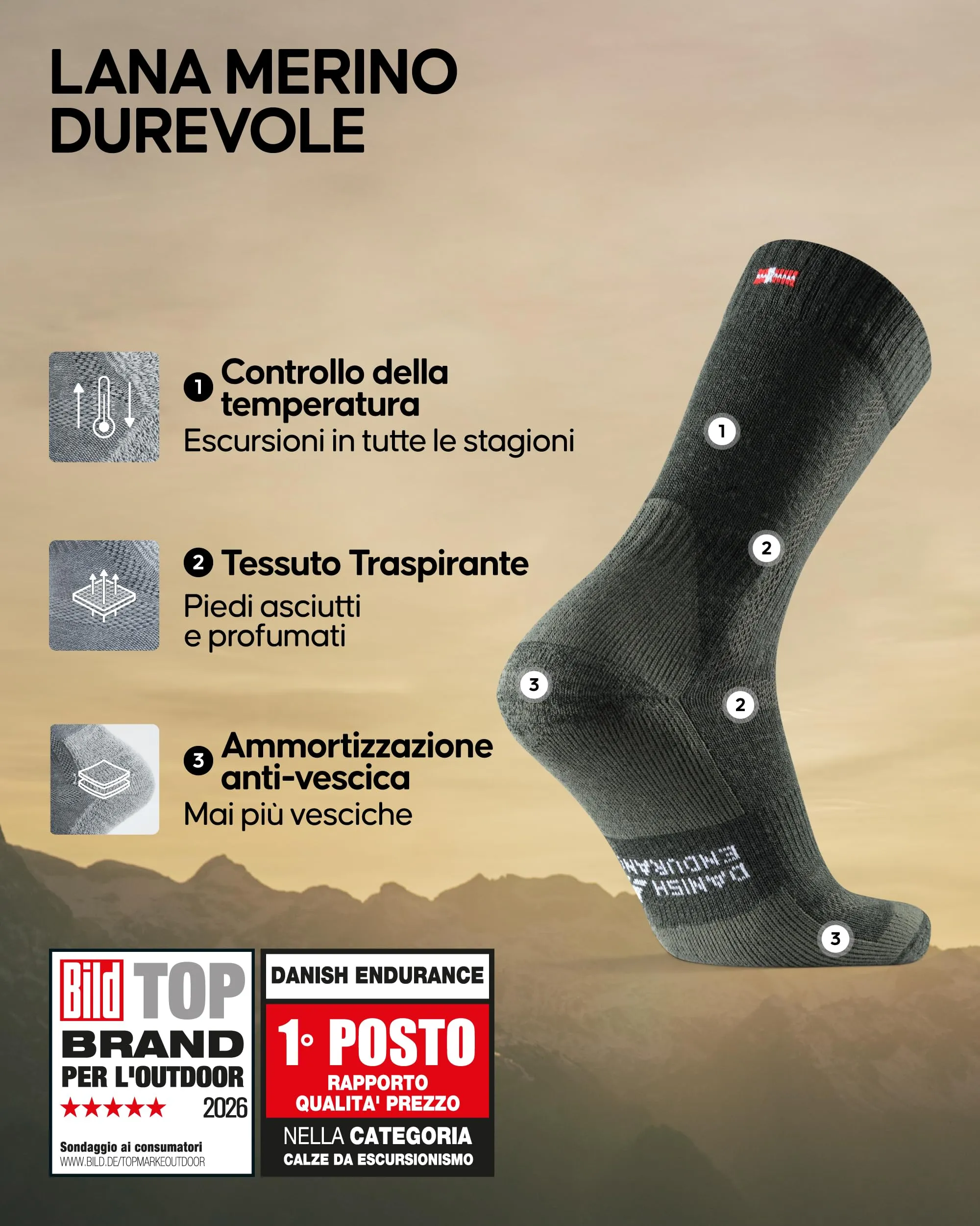 Danish Endurance Calze Trekking Lana Merino, 3 Paia, Verde Foresta, 39-42 - immagine 2
