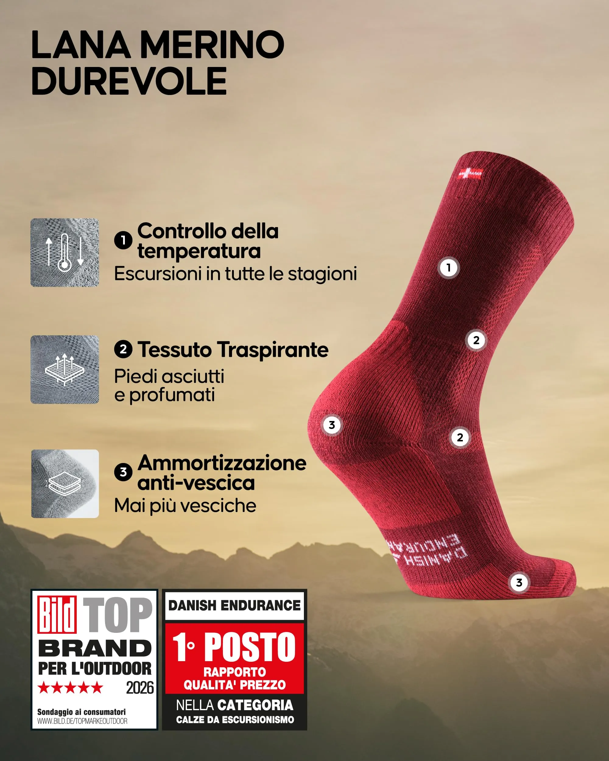 Danish Endurance Calze Trekking Lana Merino, 3 Paia, Multicolore, 31-34 - immagine 2