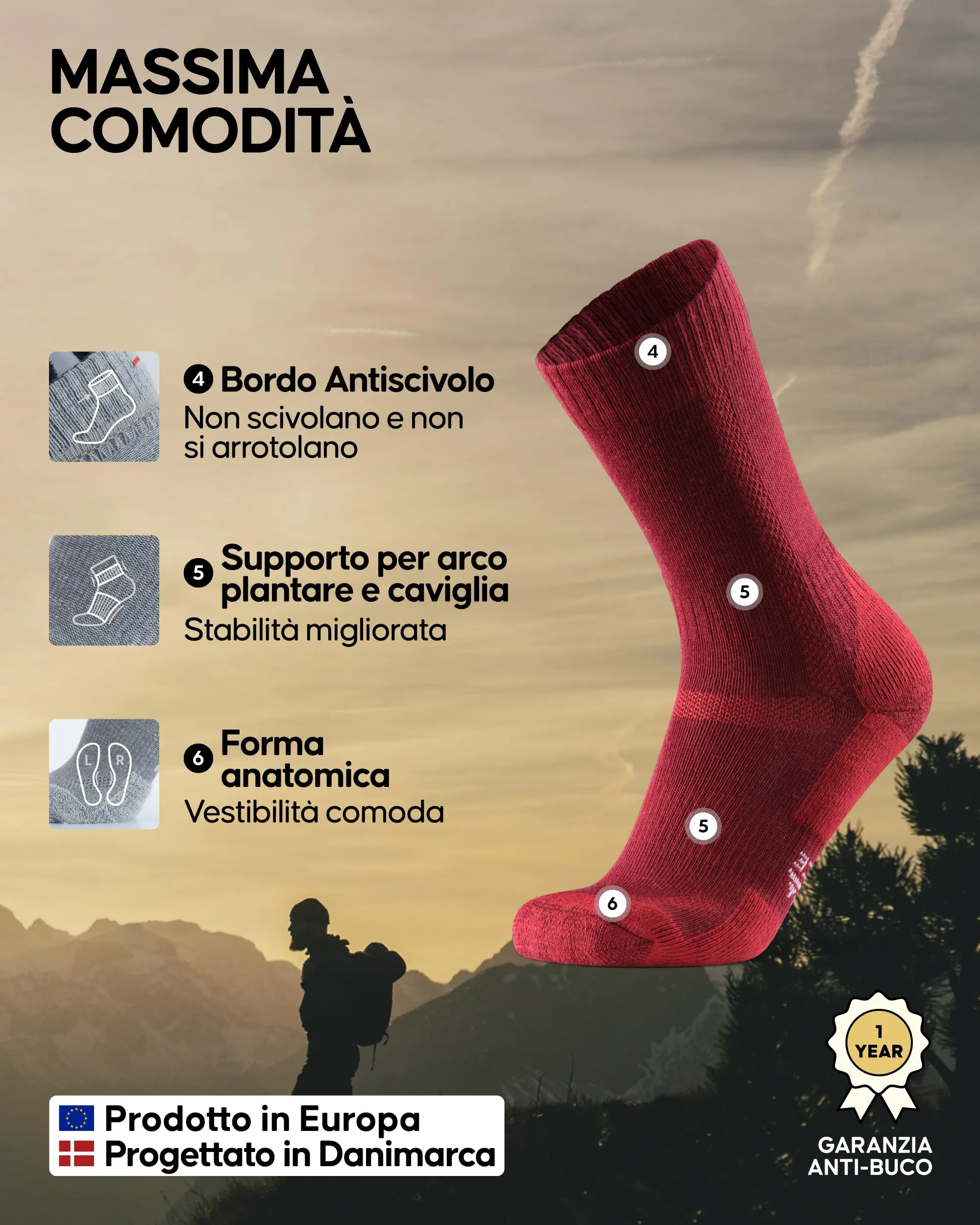 Danish Endurance Calze Trekking Lana Merino, 3 Paia, Multicolore, 31-34 - immagine 3