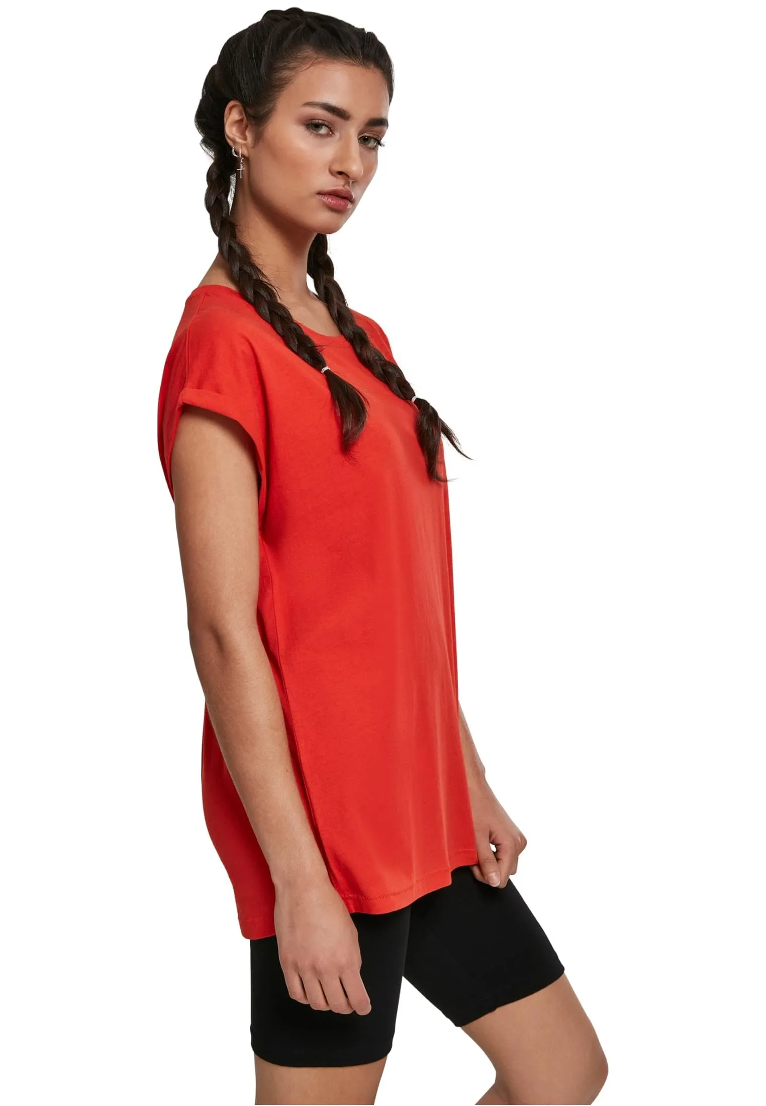 Urban Classics Donna T-Shirt con Maniche Arrotolate in Cotone, Rosso Ciliegia, XXL - immagine 4