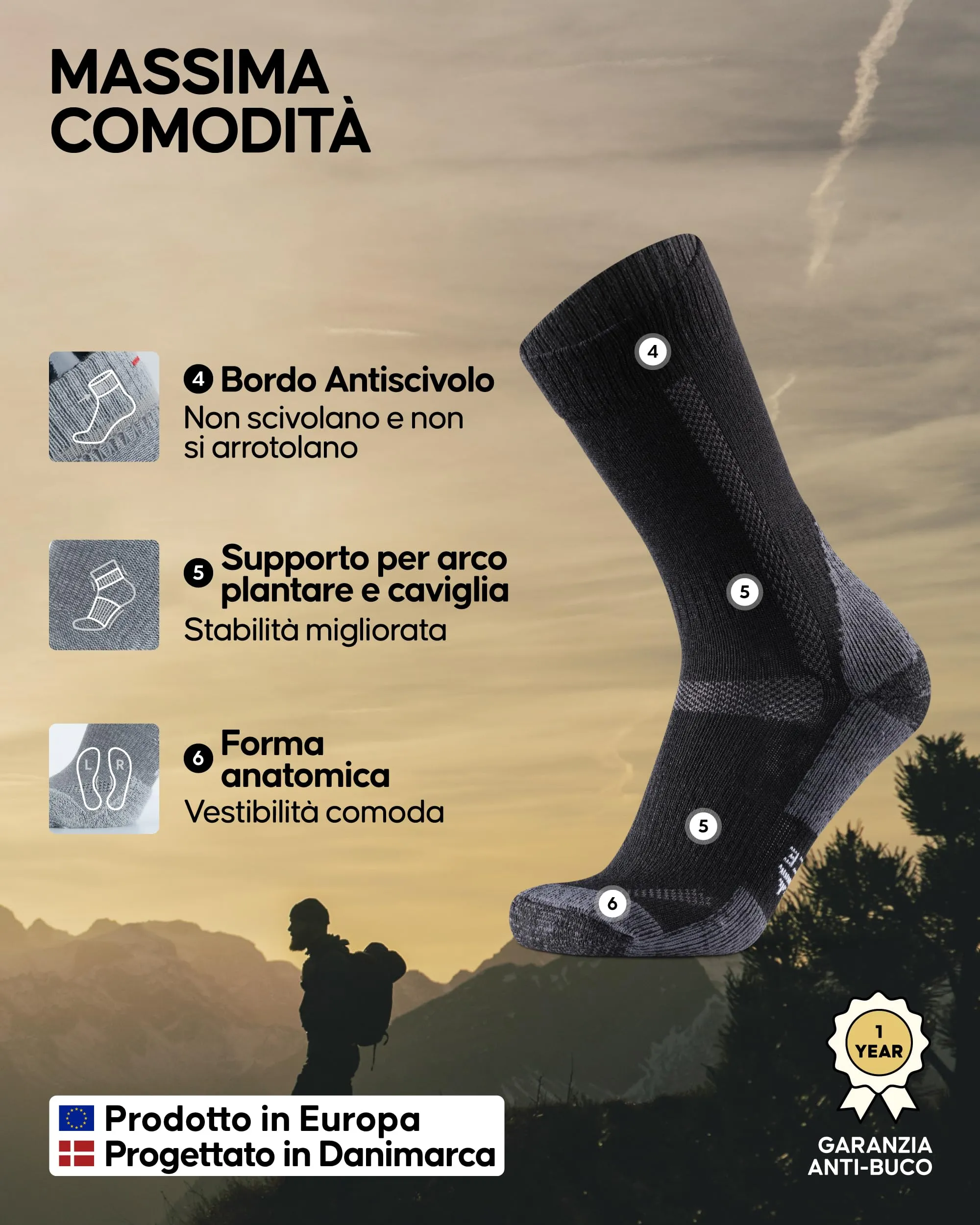 Danish Endurance Calze Trekking Lana Merino, 3 Paia, Nero/Grigio, 35-38 - immagine 3