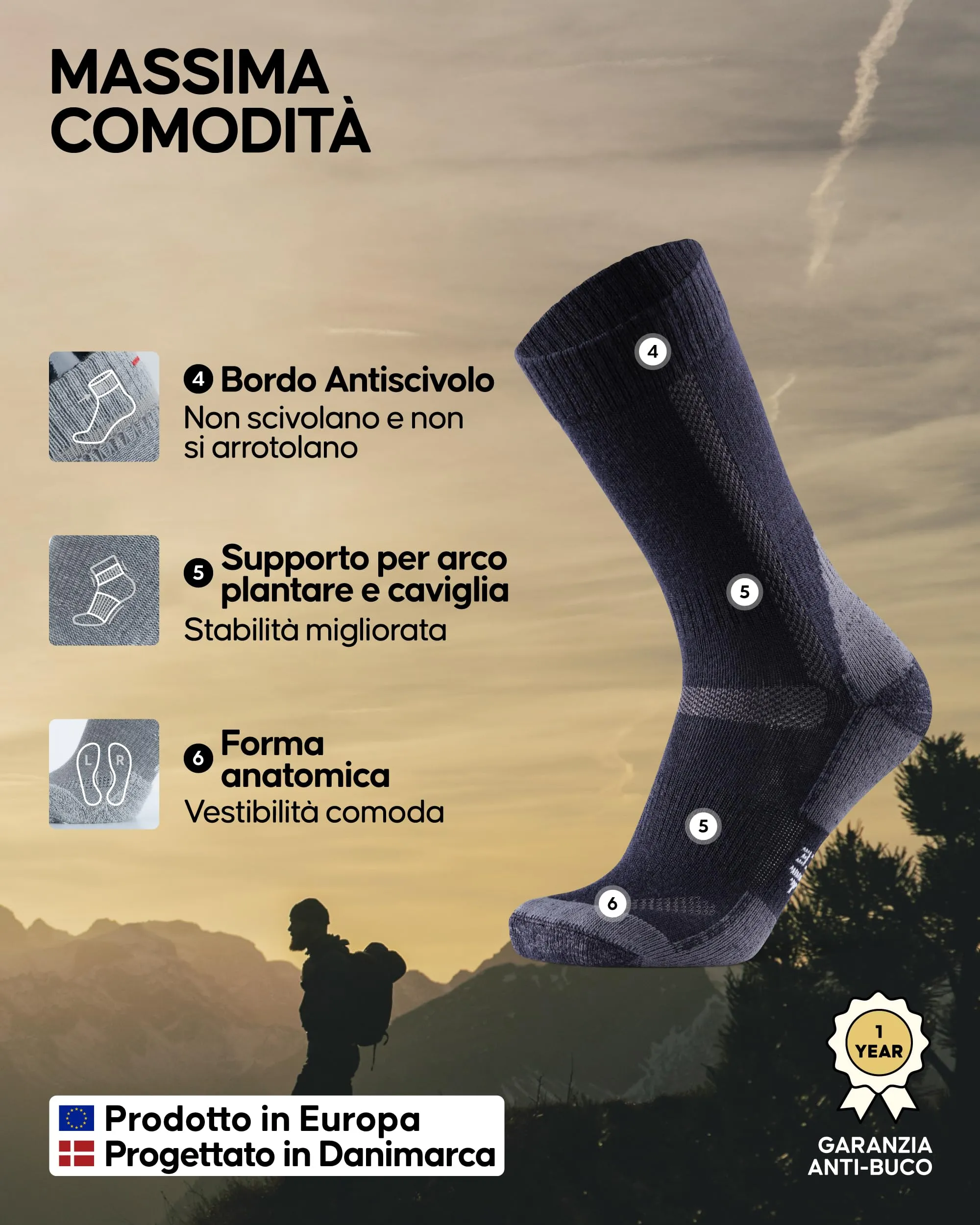 Danish Endurance Calze Trekking in Lana Merino, 3 Paia, Multicolore, EU 43-47 - immagine 3