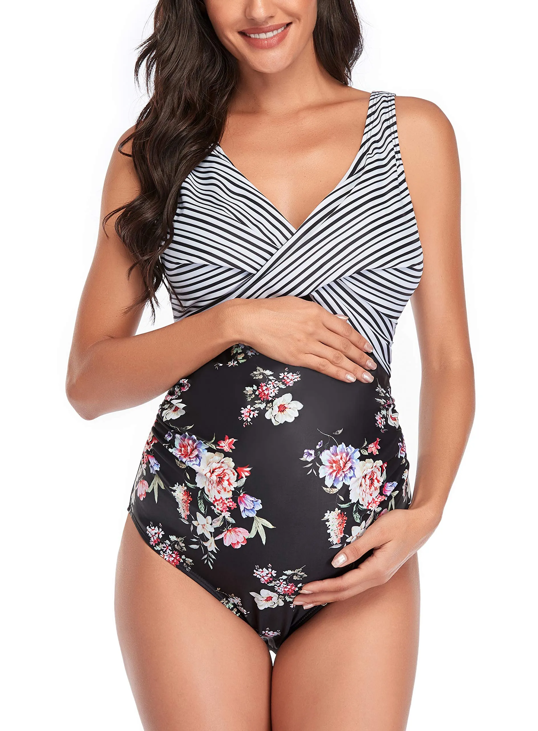 SUMMERSUNSHINE Costume da Bagno Intero Premaman Incrocio Anteriore Nero Floreale S - immagine 1