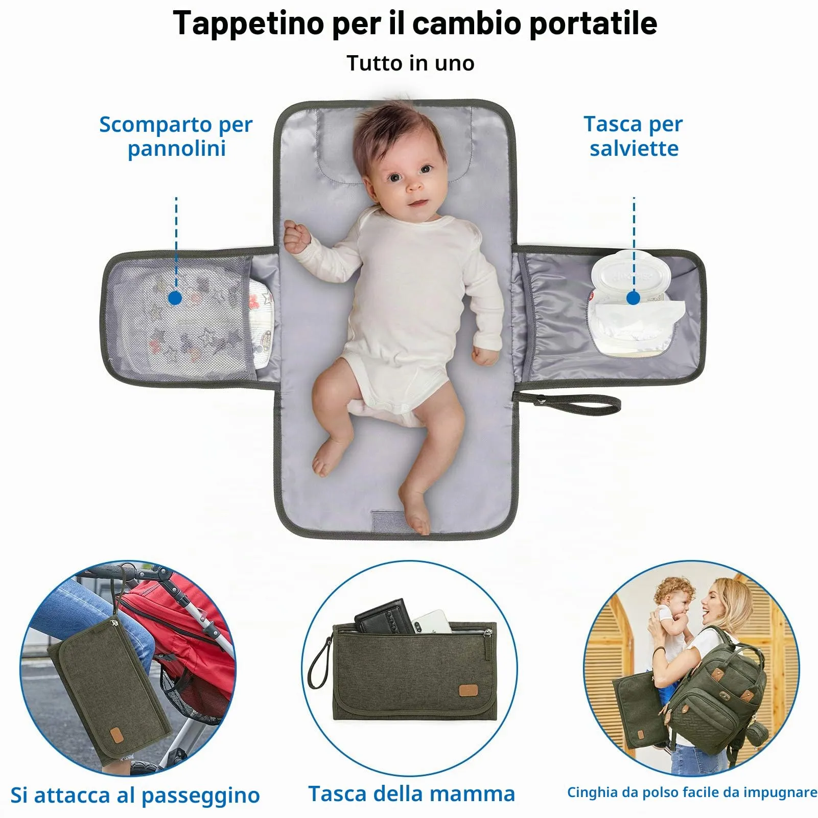 Dikaslon Zaino Fasciatoio Grande con Fasciatoio e Porta Ciuccio, Cinghie per Passeggino (Verde) - immagine 5