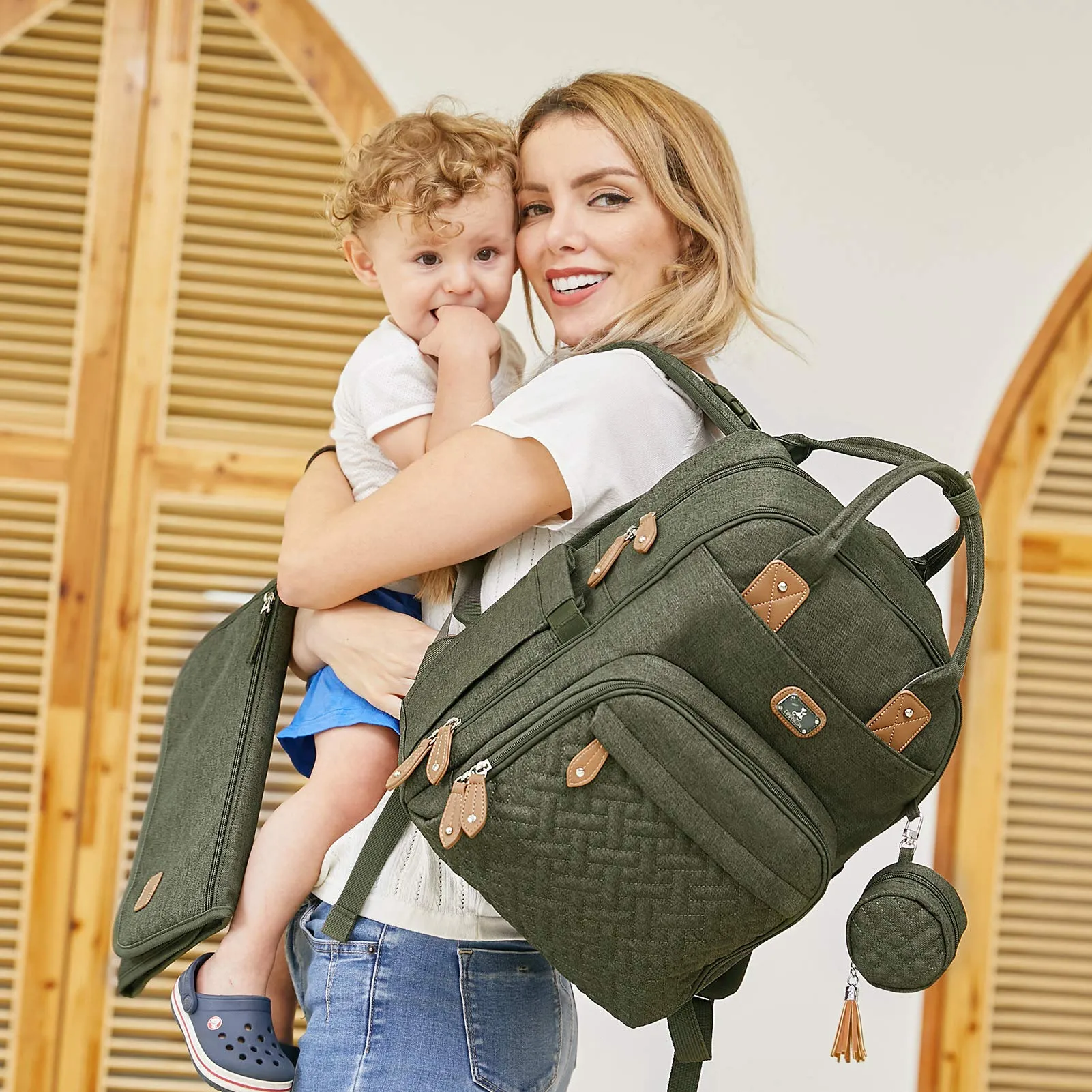 Dikaslon Zaino Fasciatoio Grande con Fasciatoio e Porta Ciuccio, Cinghie per Passeggino (Verde) - immagine 6