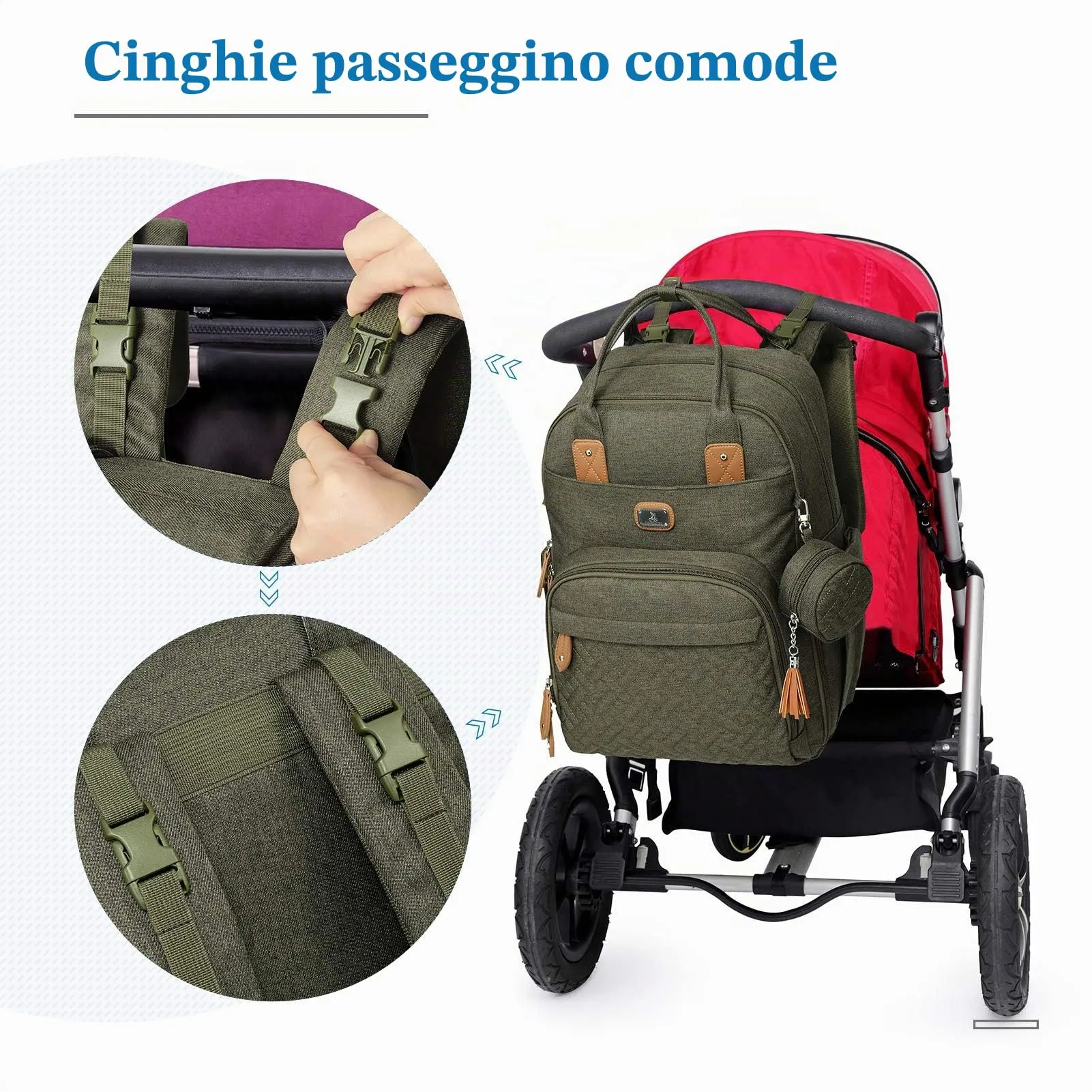 Dikaslon Zaino Fasciatoio Grande con Fasciatoio e Porta Ciuccio, Cinghie per Passeggino (Verde) - immagine 8