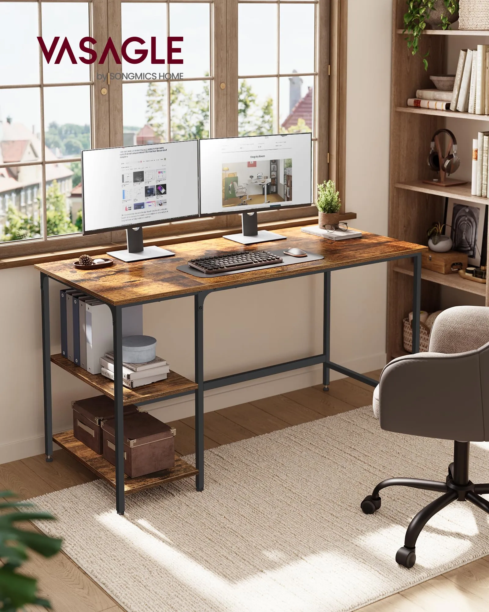 VASAGLE Scrivania per Computer LWD55X, 140 x 60 x 76 cm, Marrone Vintage e Nero Inchiostro - immagine 2