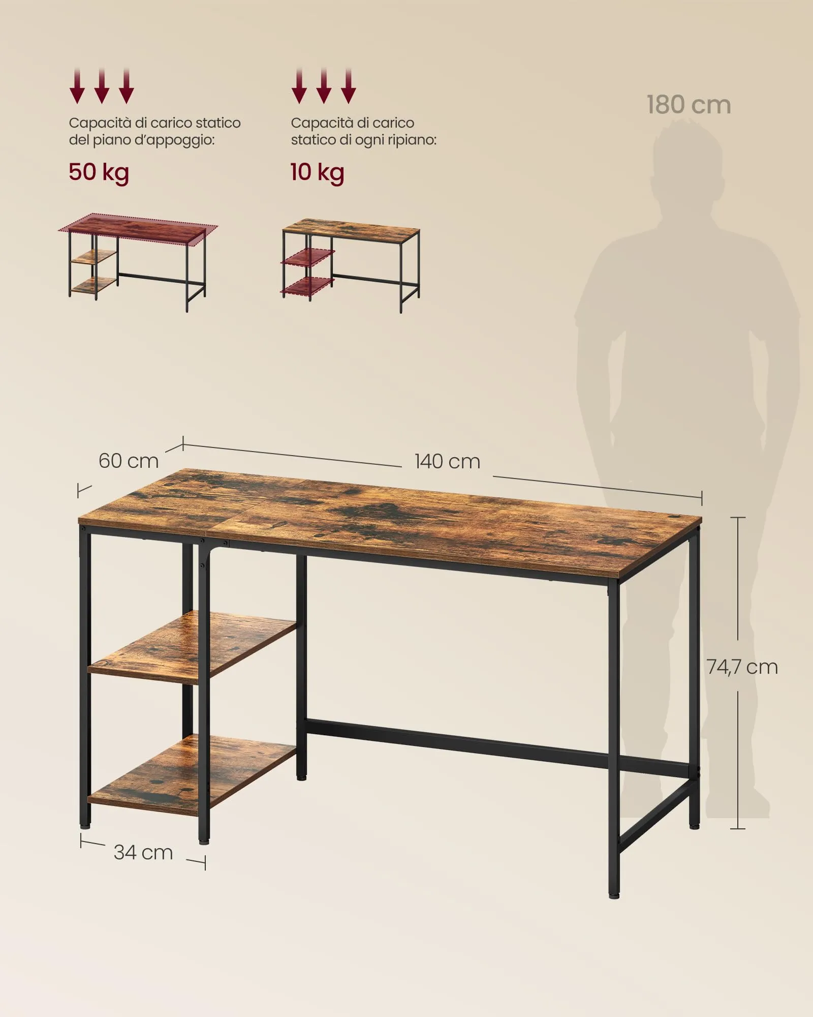 VASAGLE Scrivania per Computer LWD55X, 140 x 60 x 76 cm, Marrone Vintage e Nero Inchiostro - immagine 3