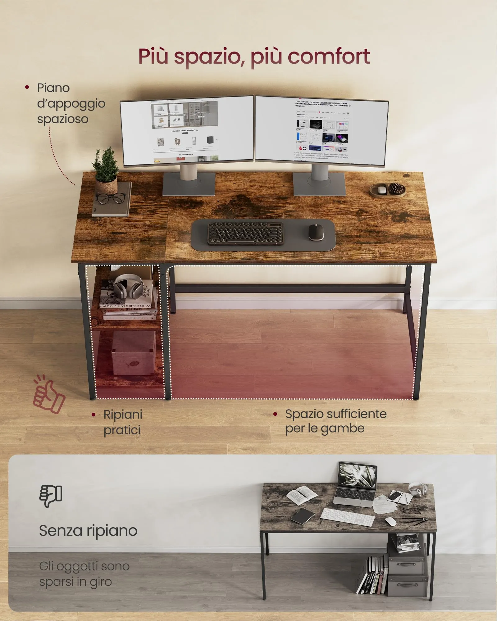 VASAGLE Scrivania per Computer LWD55X, 140 x 60 x 76 cm, Marrone Vintage e Nero Inchiostro - immagine 4
