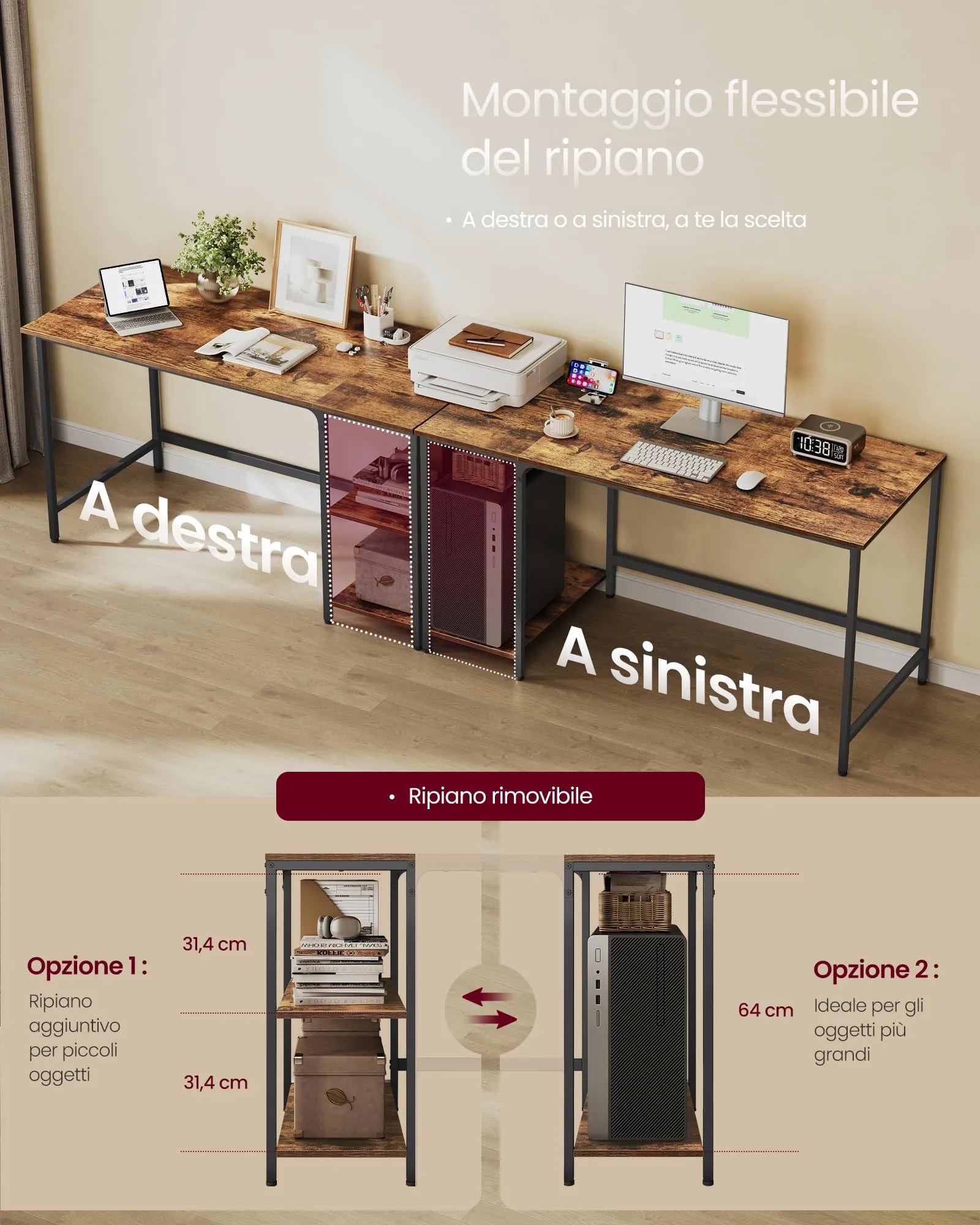 VASAGLE Scrivania per Computer LWD55X, 140 x 60 x 76 cm, Marrone Vintage e Nero Inchiostro - immagine 5