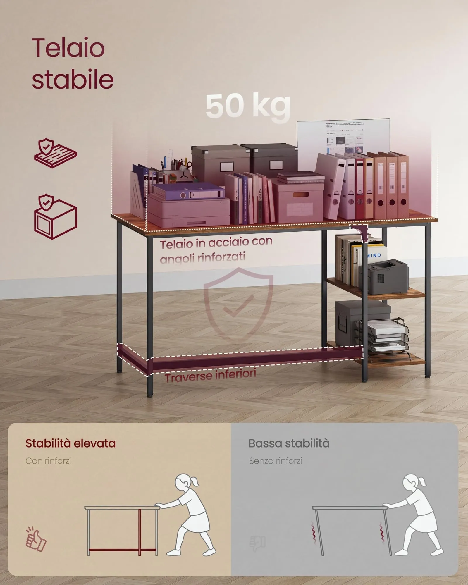 VASAGLE Scrivania per Computer LWD55X, 140 x 60 x 76 cm, Marrone Vintage e Nero Inchiostro - immagine 6