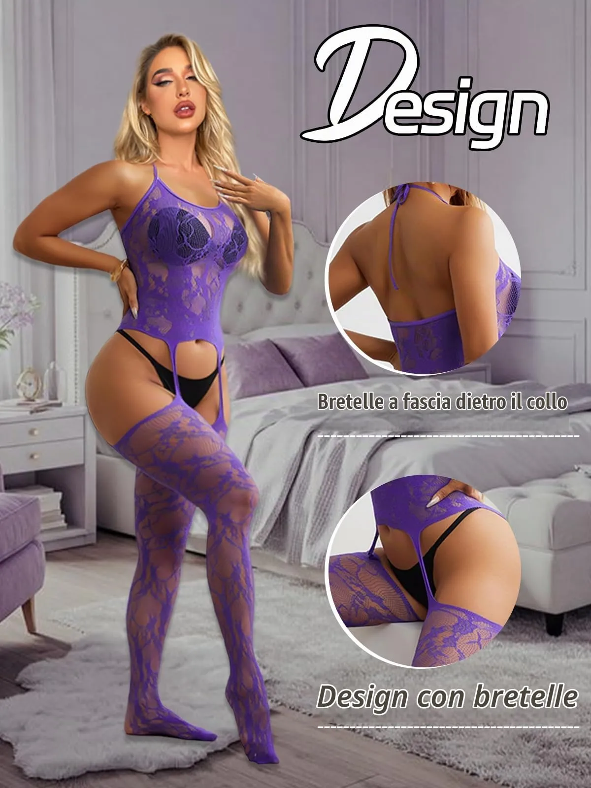 Buitifo Donna Fishnet Bodystocking Lingerie Pizzo Halter Babydoll Viola GB, Taglia Unica - immagine 2
