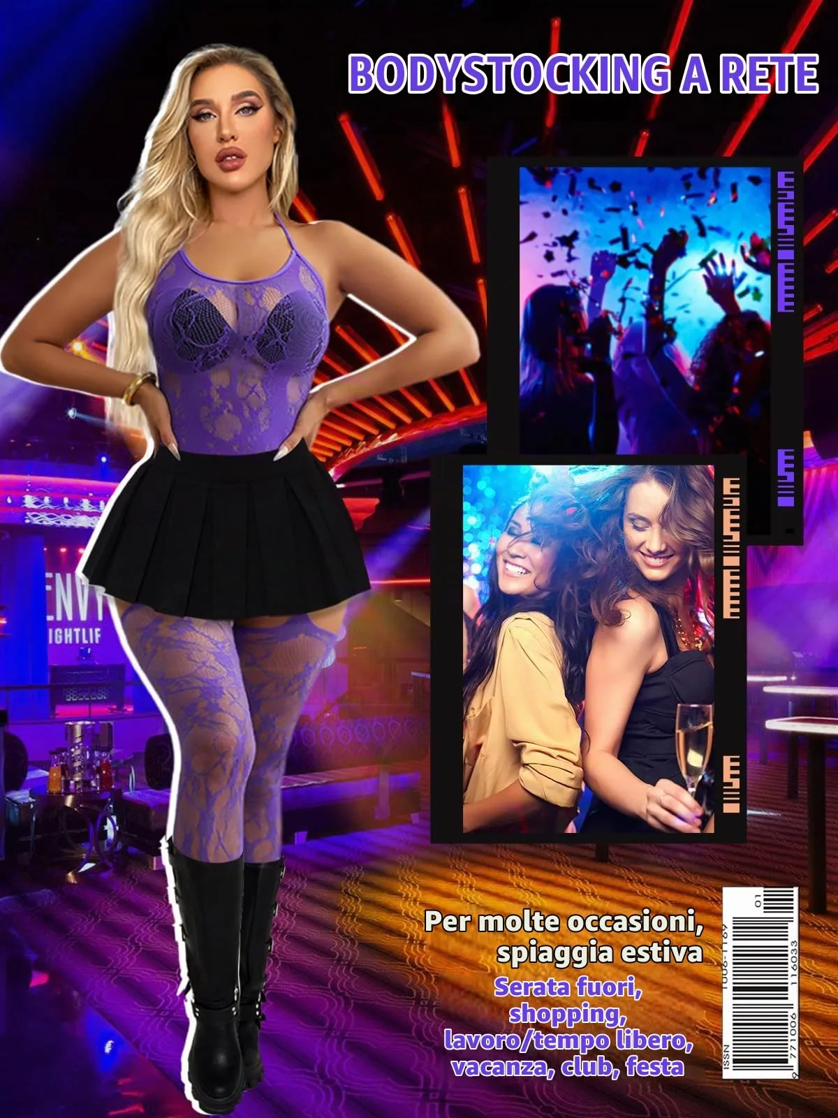 Buitifo Donna Fishnet Bodystocking Lingerie Pizzo Halter Babydoll Viola GB, Taglia Unica - immagine 5